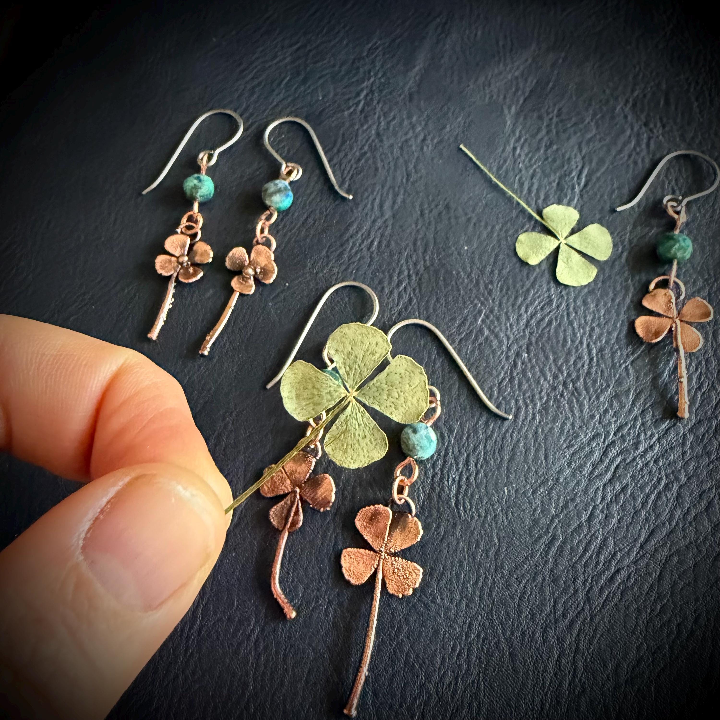 Electroformed Copper Four Leaf Clover Earrings – Lapis Lazuli, Titanium