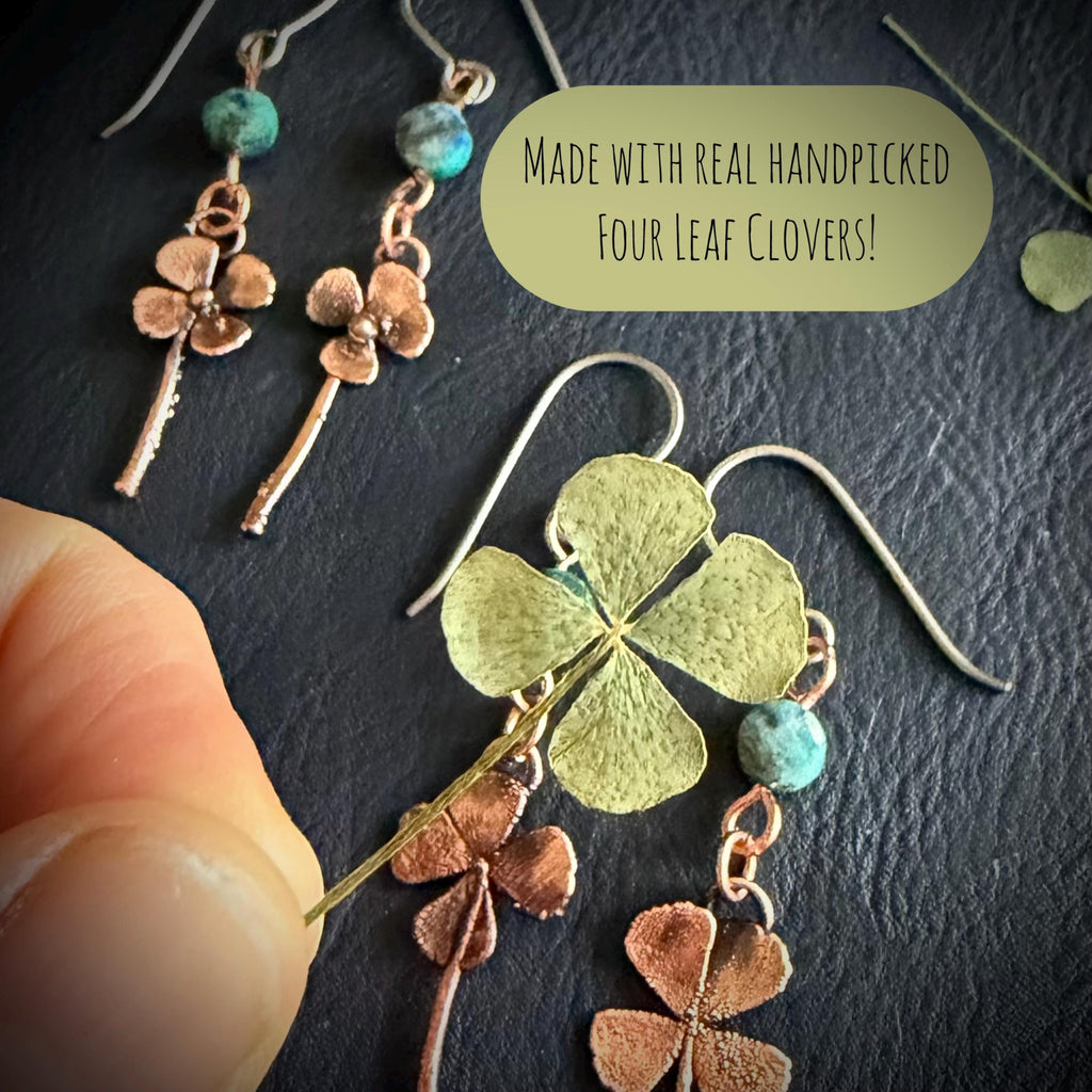 Electroformed Copper Four Leaf Clover Earrings – Lapis Lazuli, Titanium