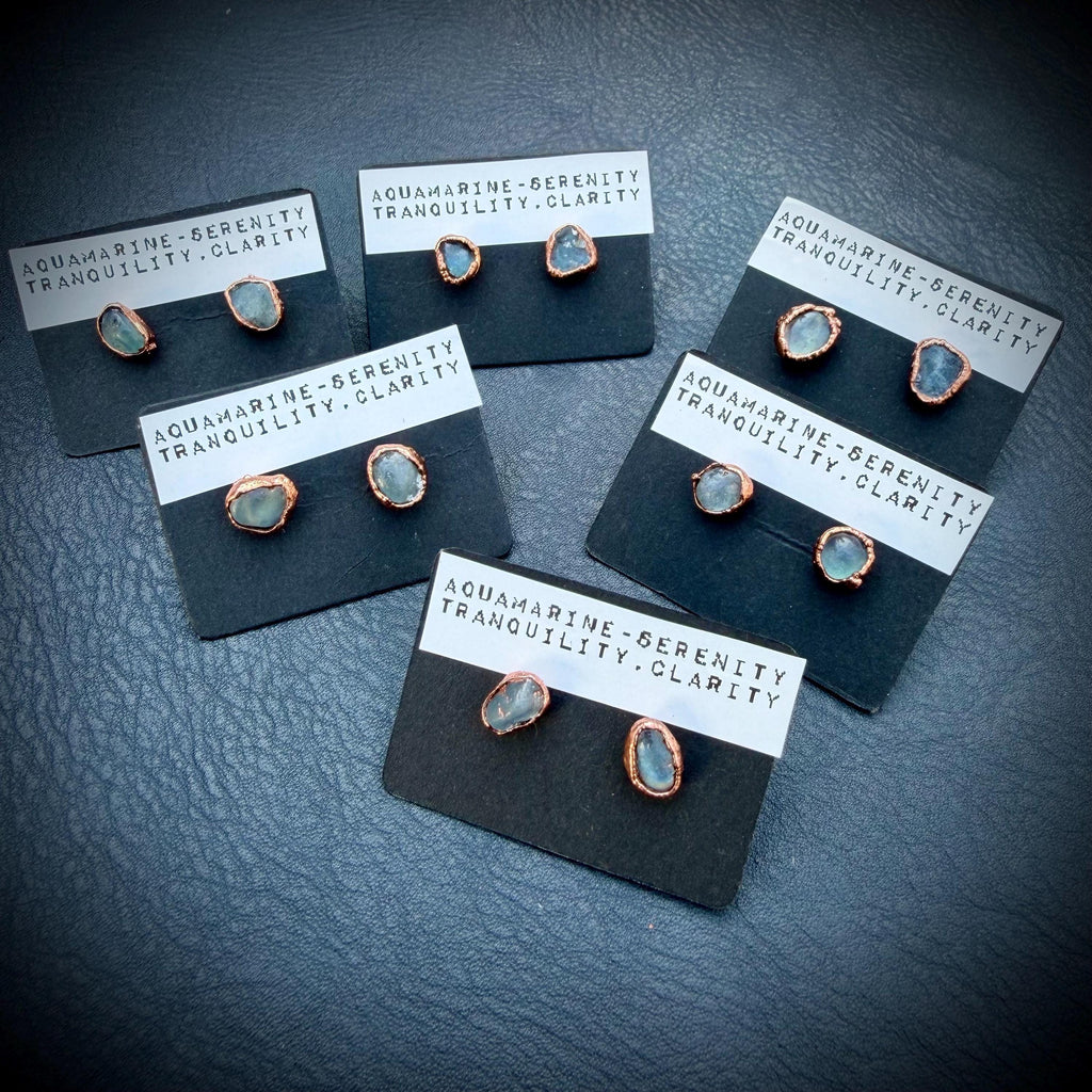 Aquamarine Earrings / Birthstone Stud Earrings / Electroformed Copper