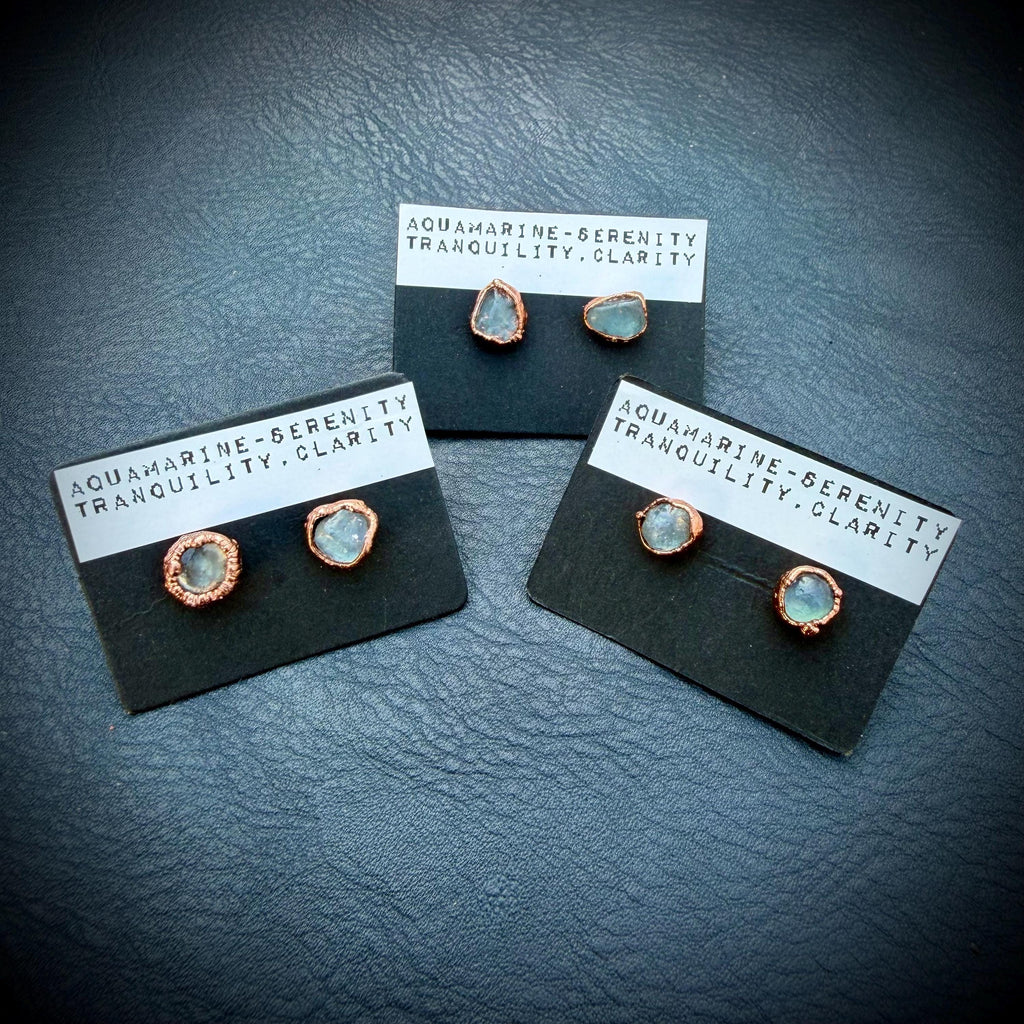 Aquamarine Earrings / Birthstone Stud Earrings / Electroformed Copper