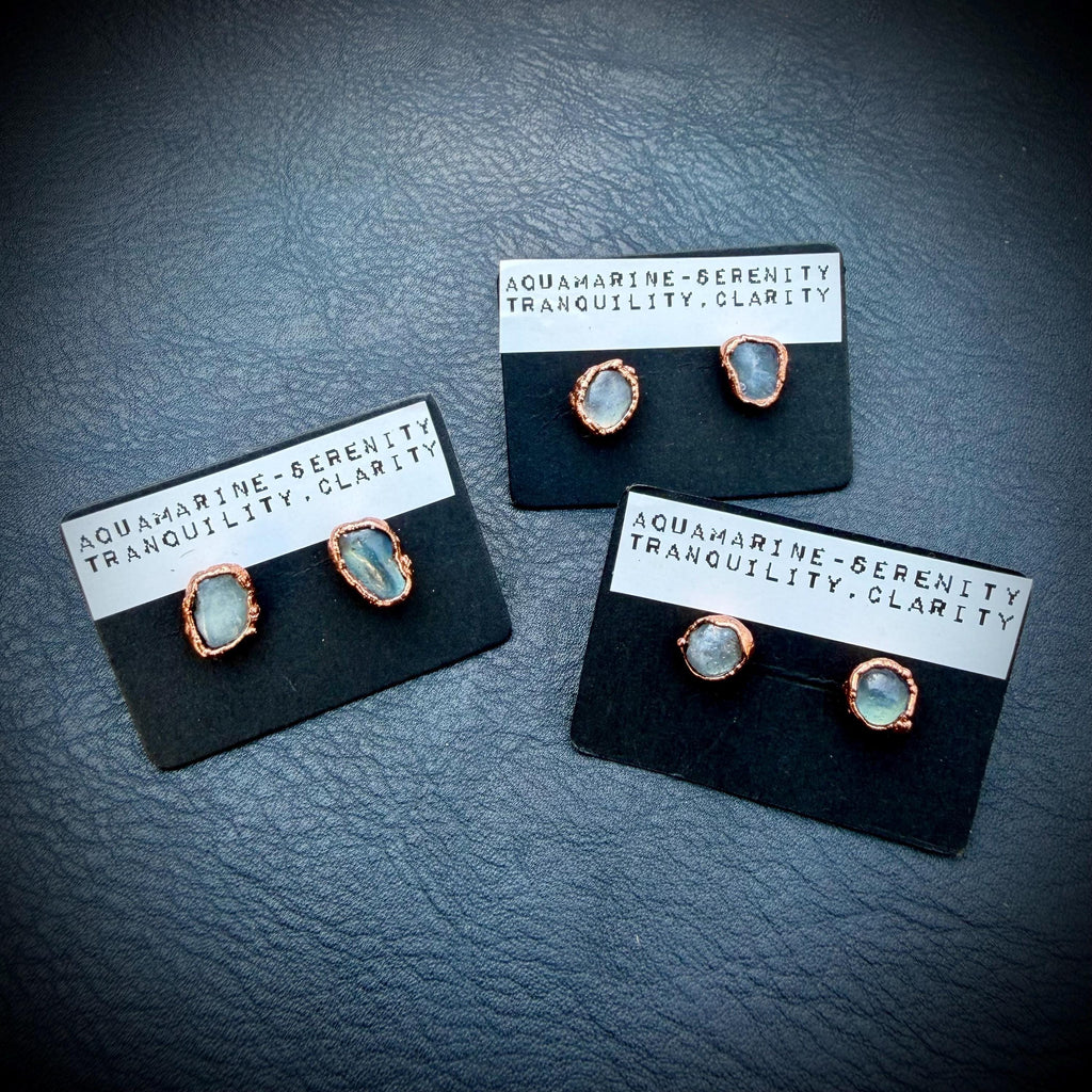 Aquamarine Earrings / Birthstone Stud Earrings / Electroformed Copper