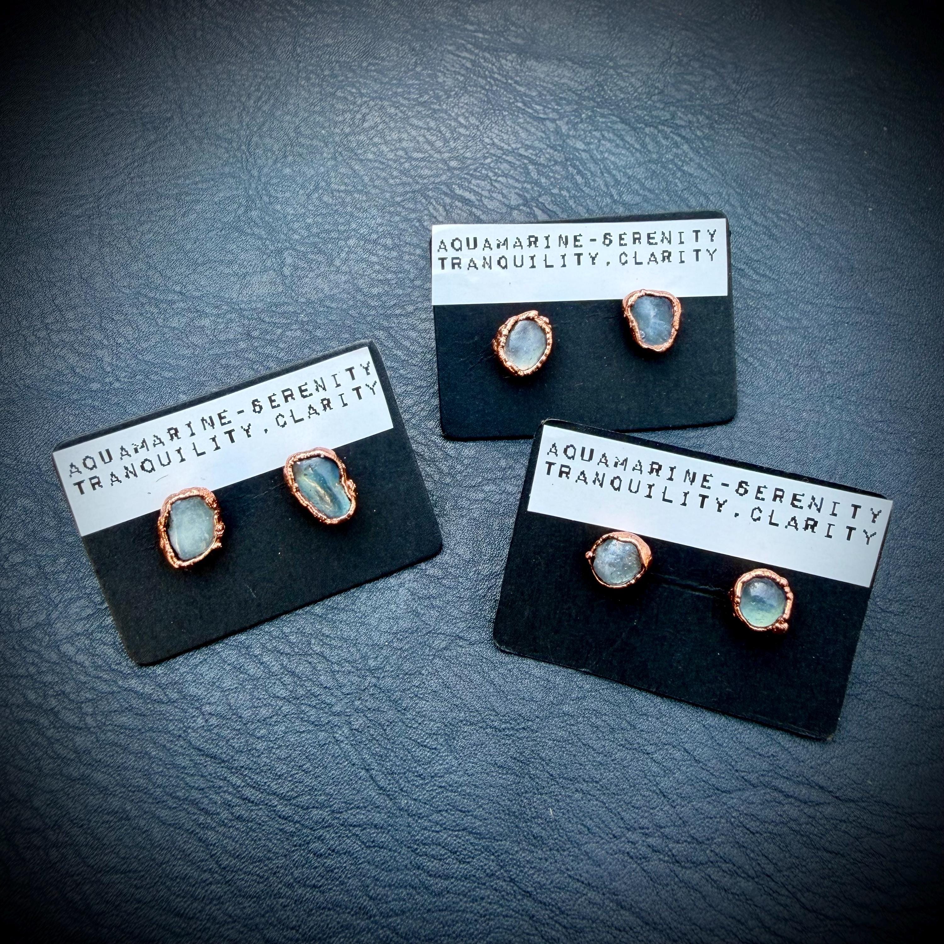 Aquamarine Earrings / Birthstone Stud Earrings / Electroformed Copper