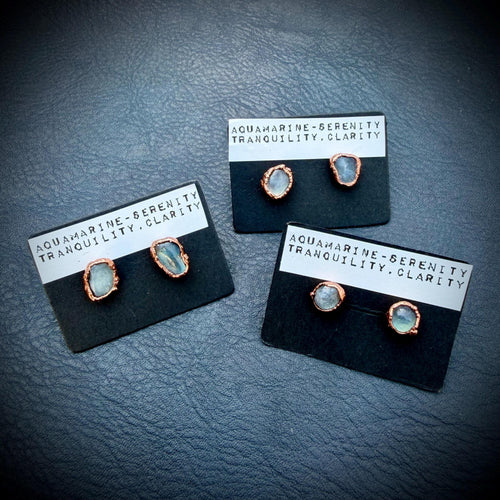 Aquamarine Earrings / Birthstone Stud Earrings / Electroformed Copper