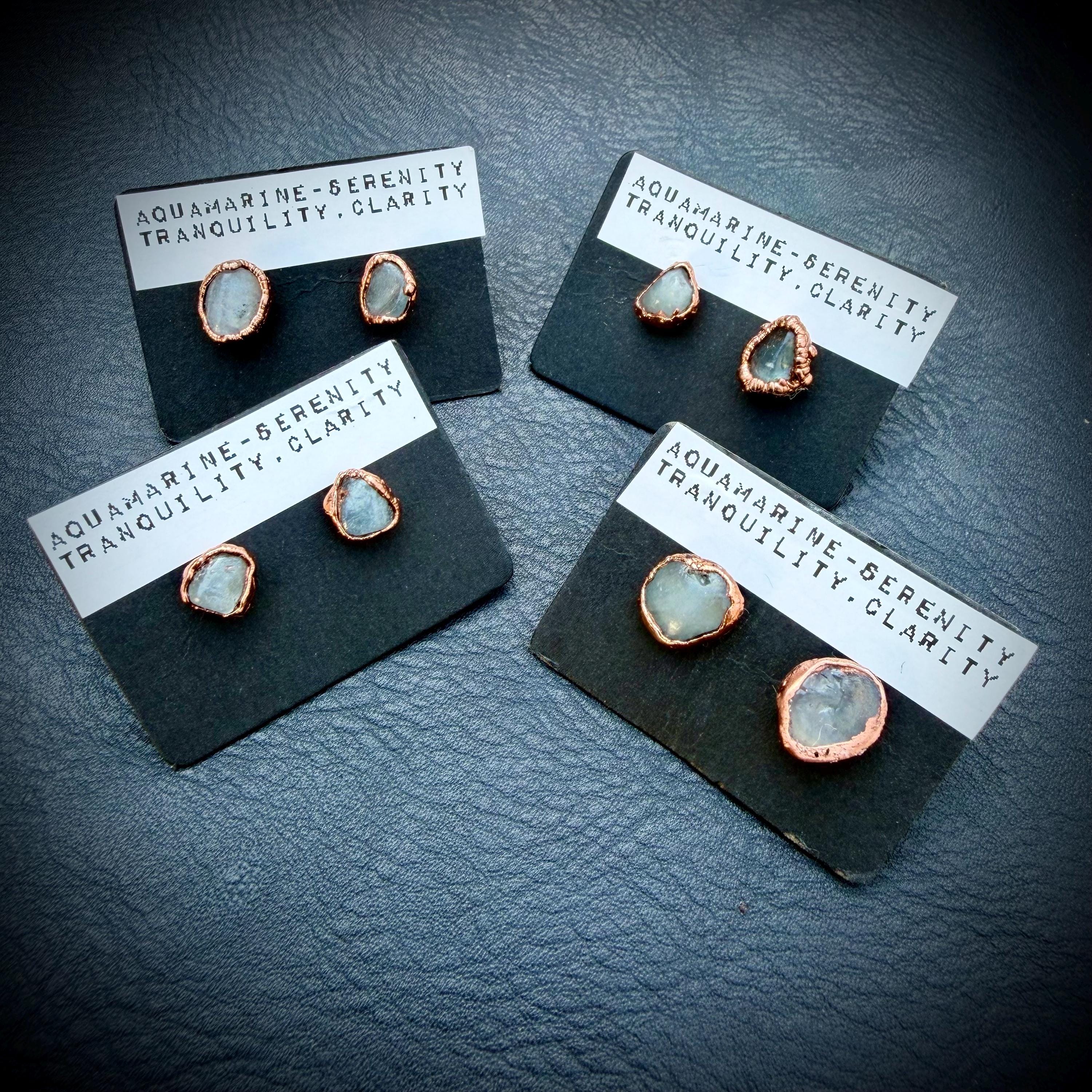 Aquamarine Earrings / Birthstone Stud Earrings / Electroformed Copper
