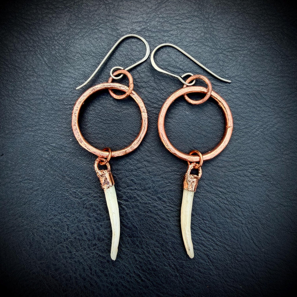 Copper Hoop Earrings with Tusk Shell Dangles – Titanium Ear Wires – Edgy Handmade Statement Earrings