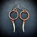 Copper Hoop Earrings with Tusk Shell Dangles – Titanium Ear Wires – Edgy Handmade Statement Earrings