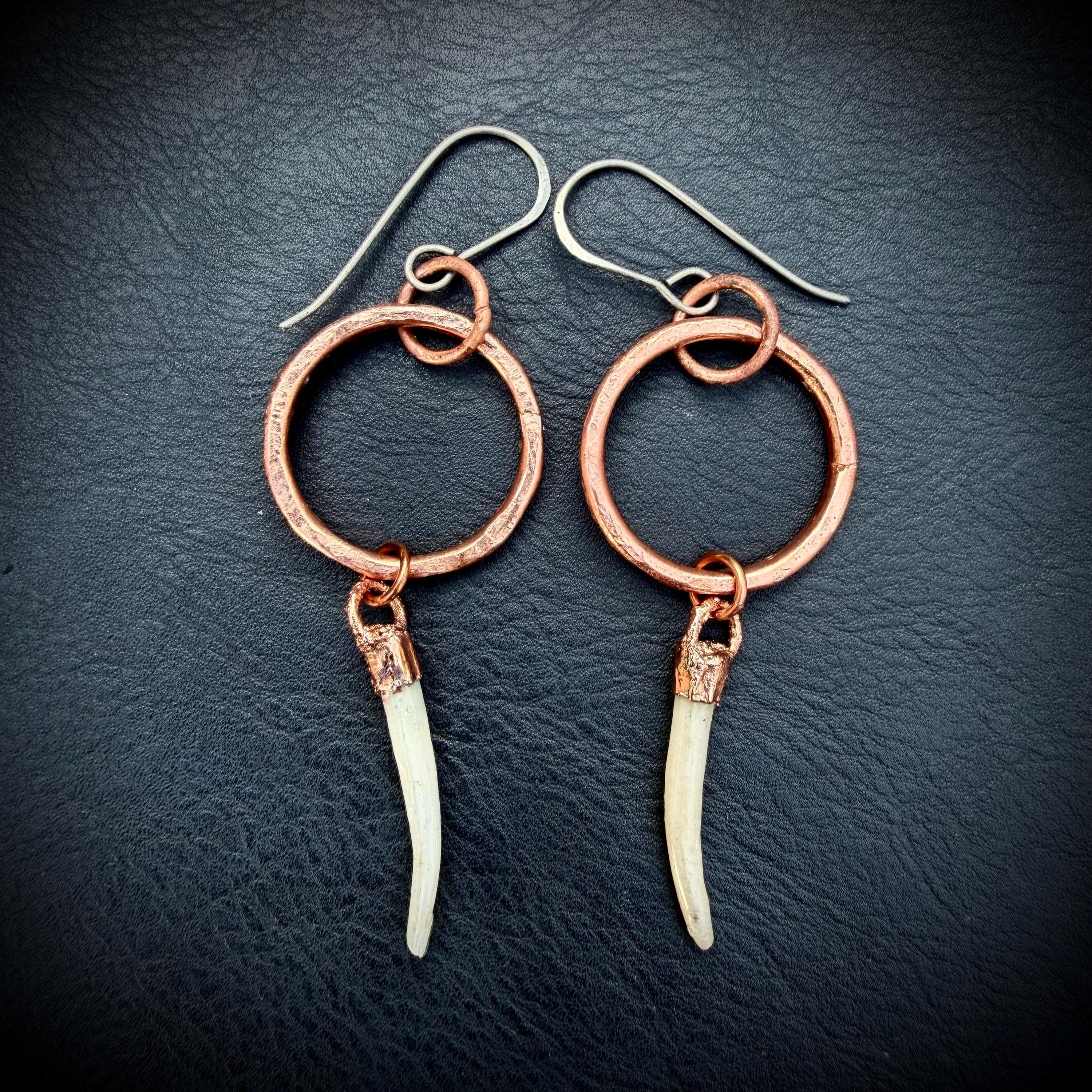 Copper Hoop Earrings with Tusk Shell Dangles – Titanium Ear Wires – Edgy Handmade Statement Earrings