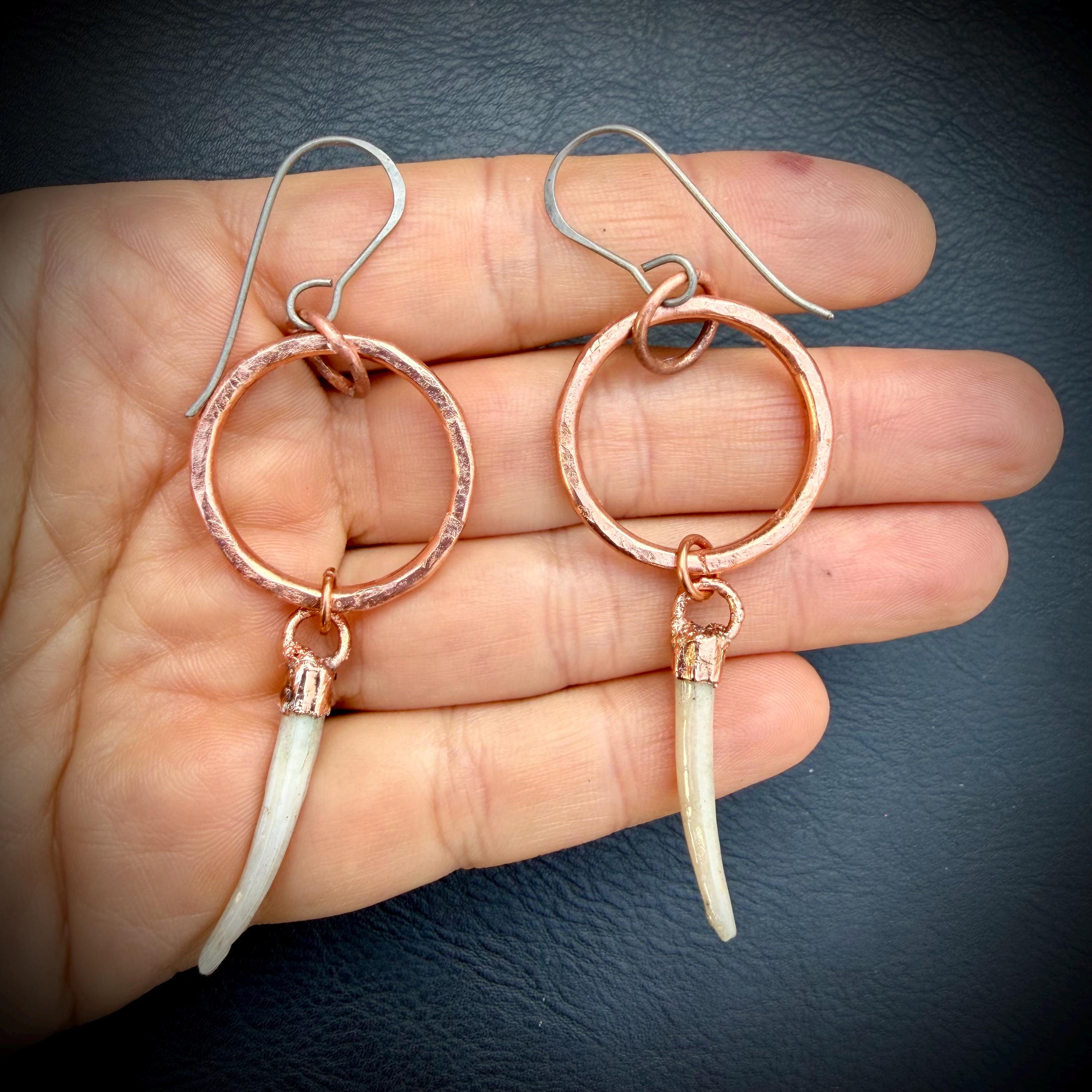 Copper Hoop Earrings with Tusk Shell Dangles – Titanium Ear Wires – Edgy Handmade Statement Earrings