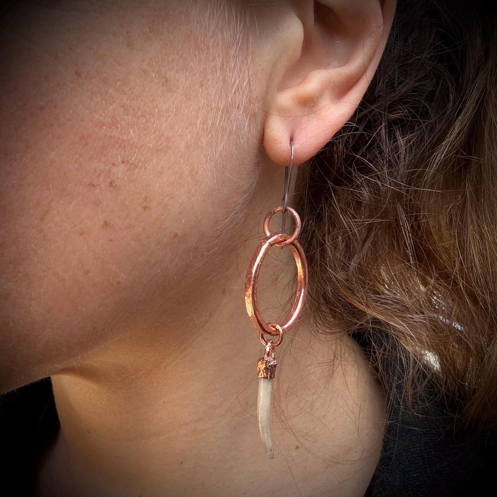 Copper Hoop Earrings with Tusk Shell Dangles – Titanium Ear Wires – Edgy Handmade Statement Earrings