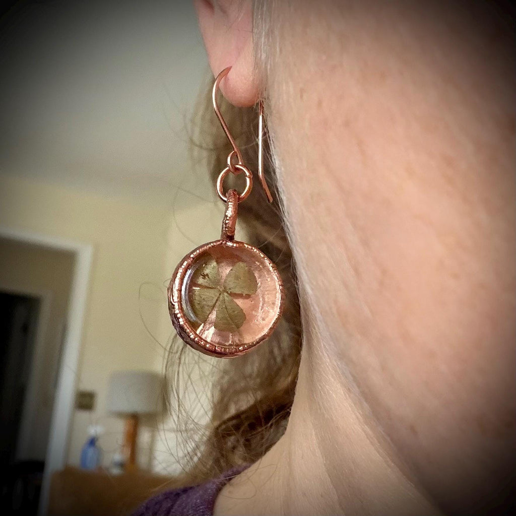 4 Leaf Clover Resin Electroformed Copper Dangle Earrings on Rose Gold Ear Wires