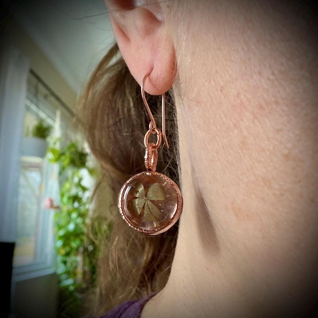 4 Leaf Clover Resin Electroformed Copper Dangle Earrings on Rose Gold Ear Wires
