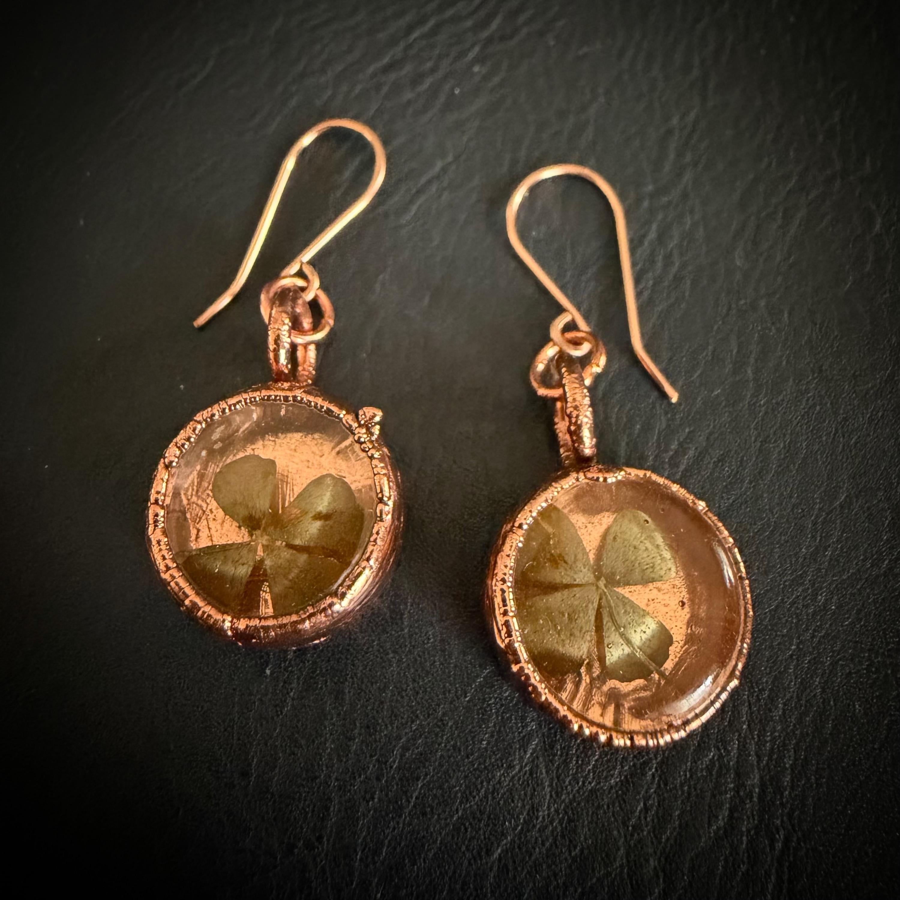 4 Leaf Clover Resin Electroformed Copper Dangle Earrings on Rose Gold Ear Wires
