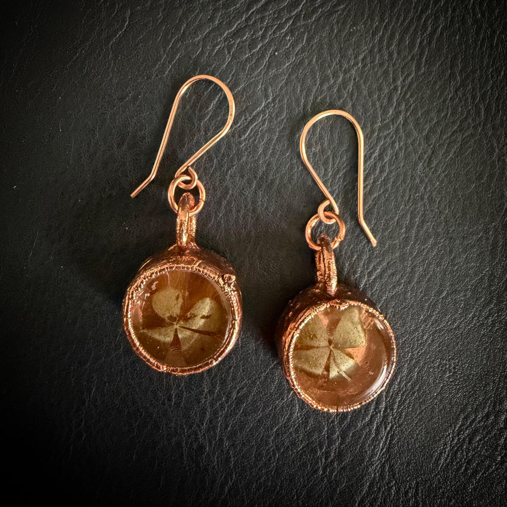 4 Leaf Clover Resin Electroformed Copper Dangle Earrings on Rose Gold Ear Wires