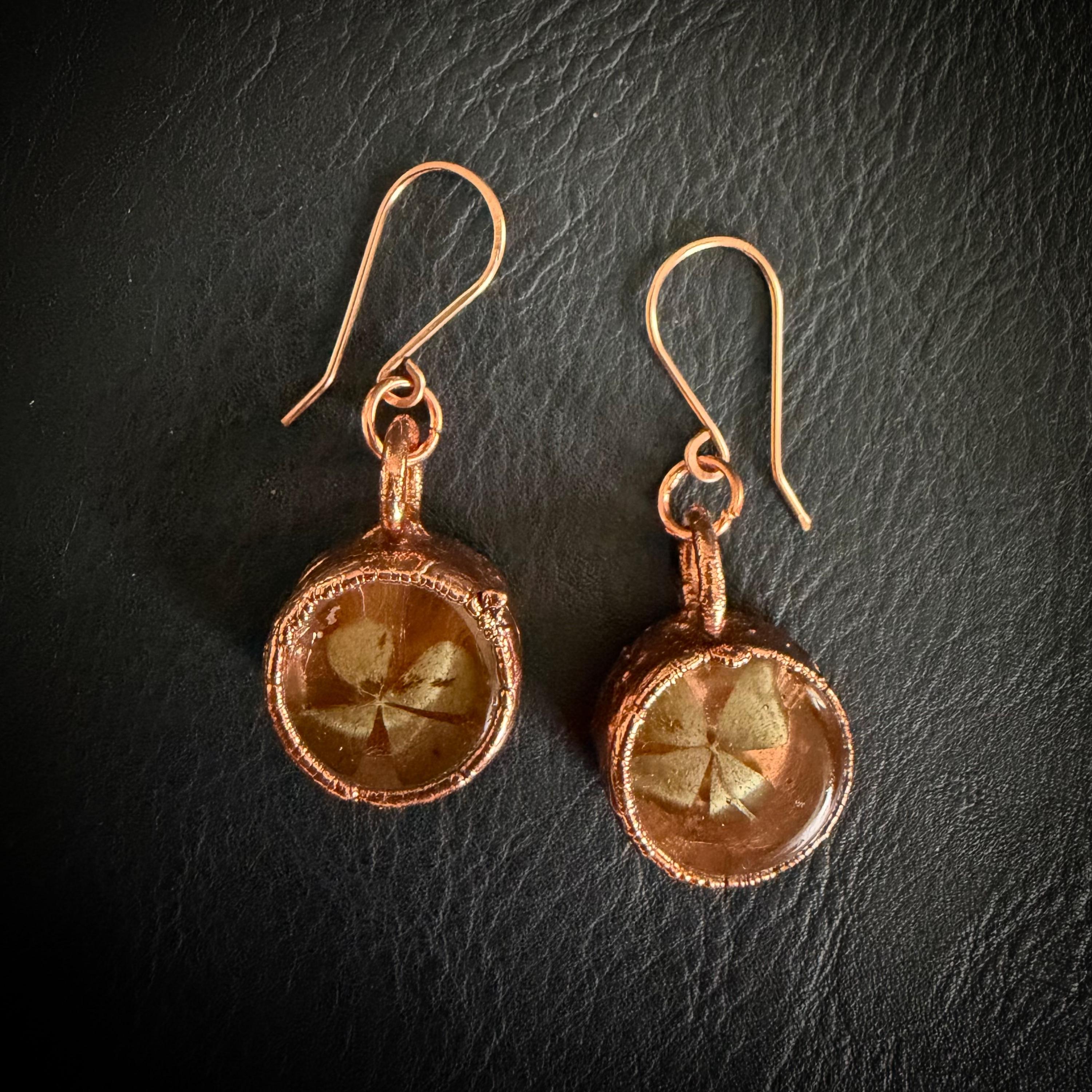 4 Leaf Clover Resin Electroformed Copper Dangle Earrings on Rose Gold Ear Wires