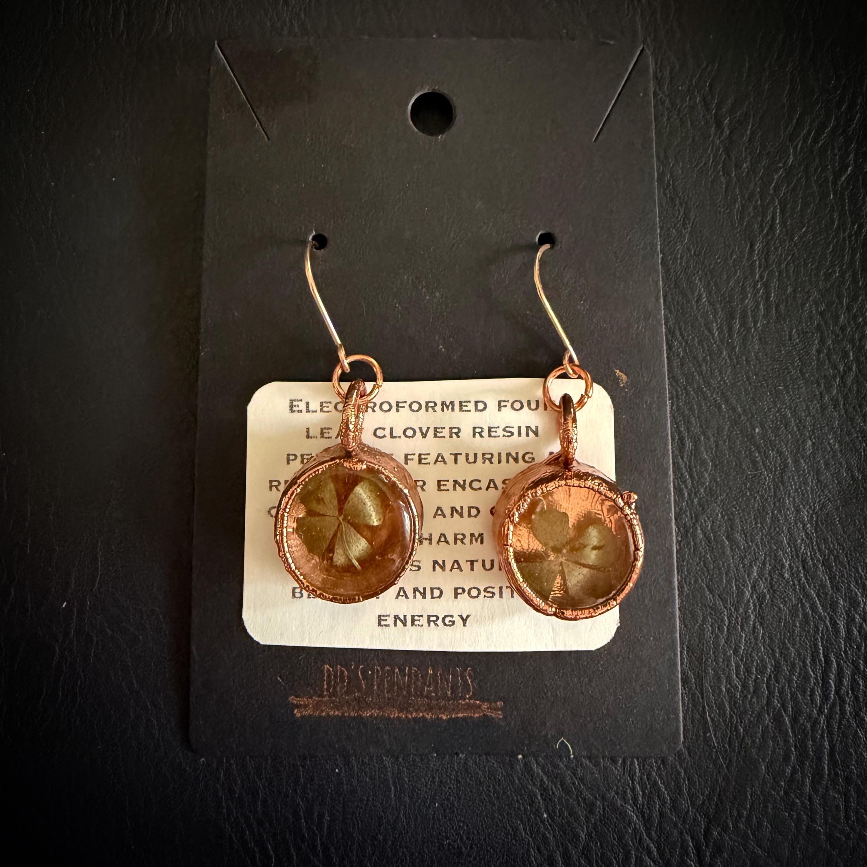 4 Leaf Clover Resin Electroformed Copper Dangle Earrings on Rose Gold Ear Wires