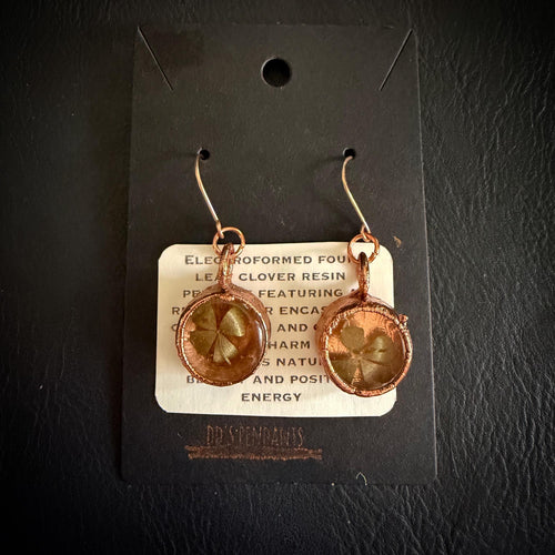 4 Leaf Clover Resin Electroformed Copper Dangle Earrings on Rose Gold Ear Wires