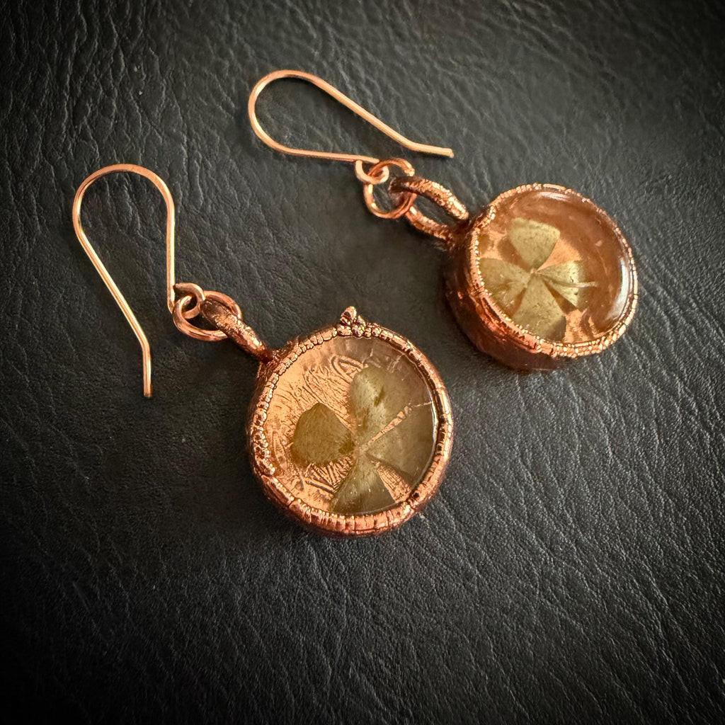 4 Leaf Clover Resin Electroformed Copper Dangle Earrings on Rose Gold Ear Wires