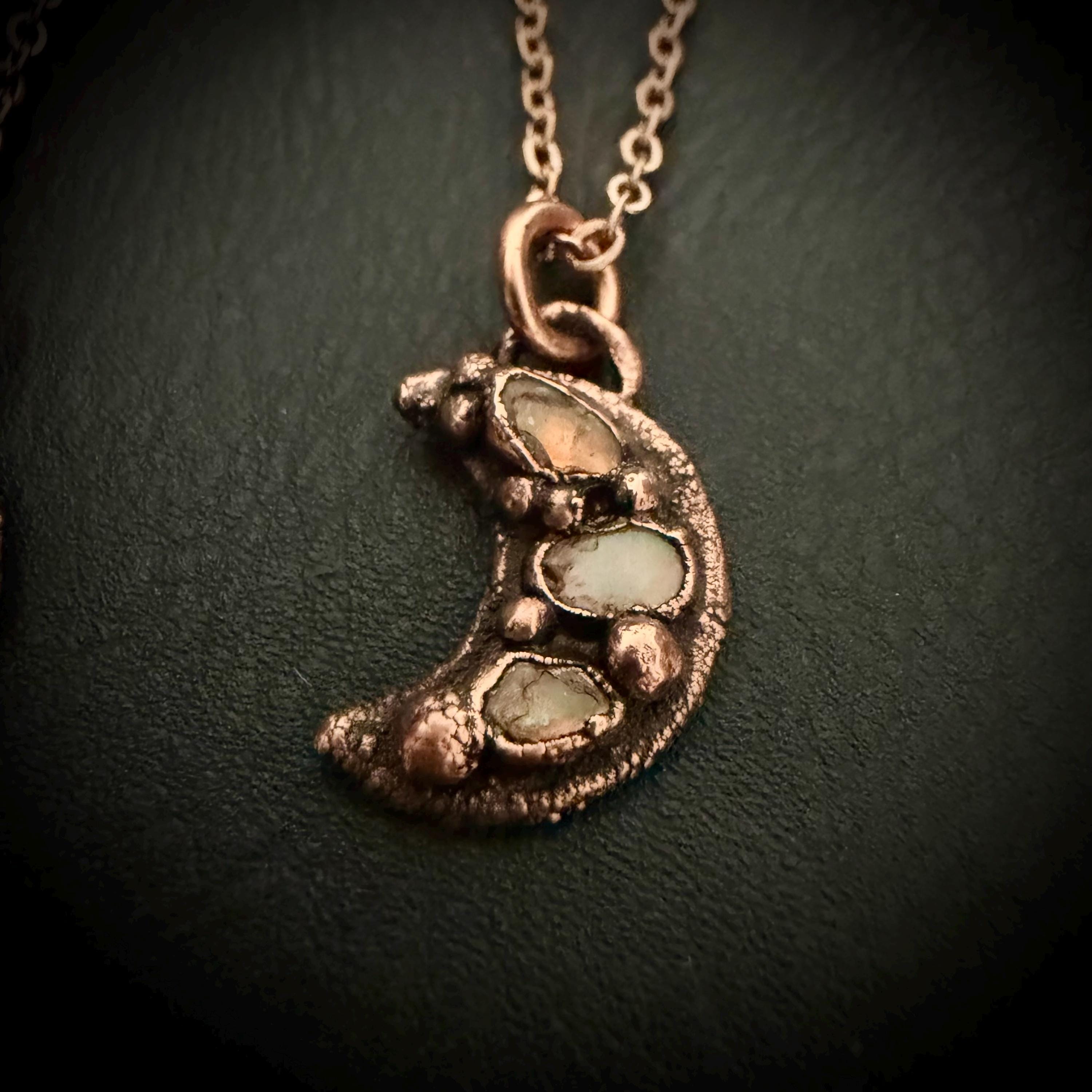 Welo Opal Moon Necklace | Electroformed Copper Pendant, Celestial Jewelry