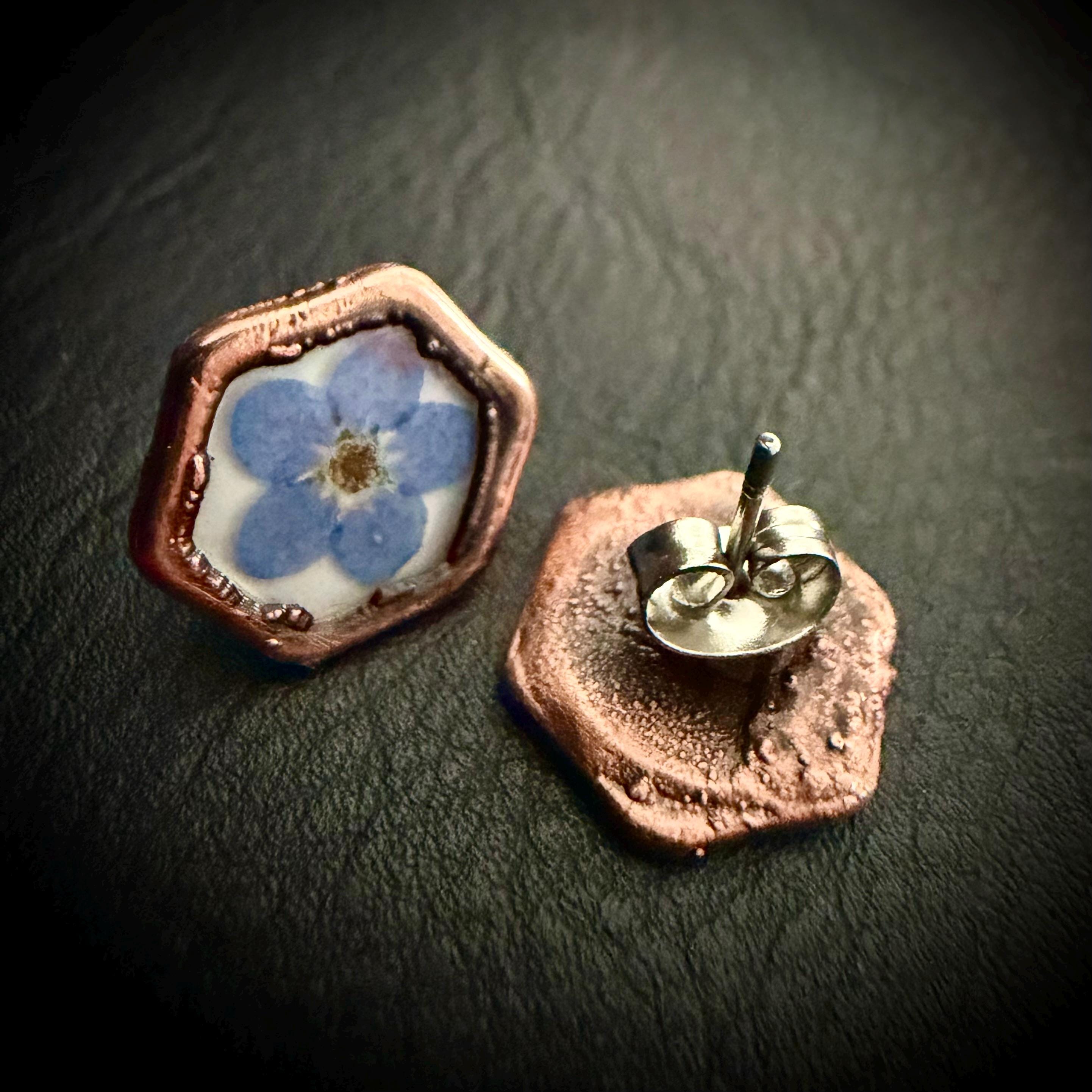 Forget Me Not Flower Stud Earrings – Electroformed Copper – Handmade Botanical Jewelry