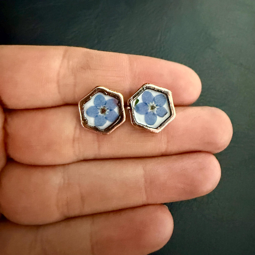 Forget Me Not Flower Stud Earrings – Electroformed Copper – Handmade Botanical Jewelry