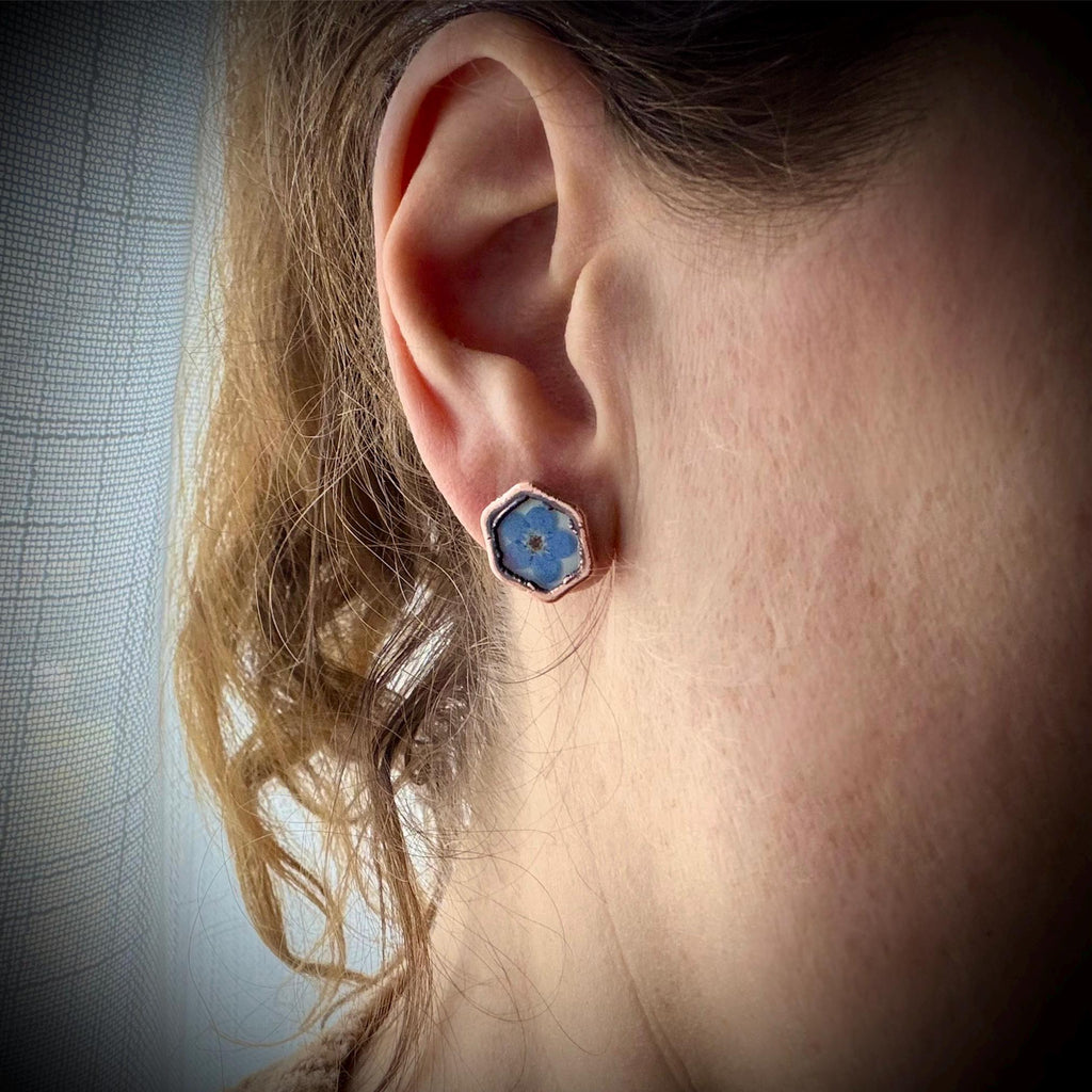 Forget Me Not Flower Stud Earrings – Electroformed Copper – Handmade Botanical Jewelry