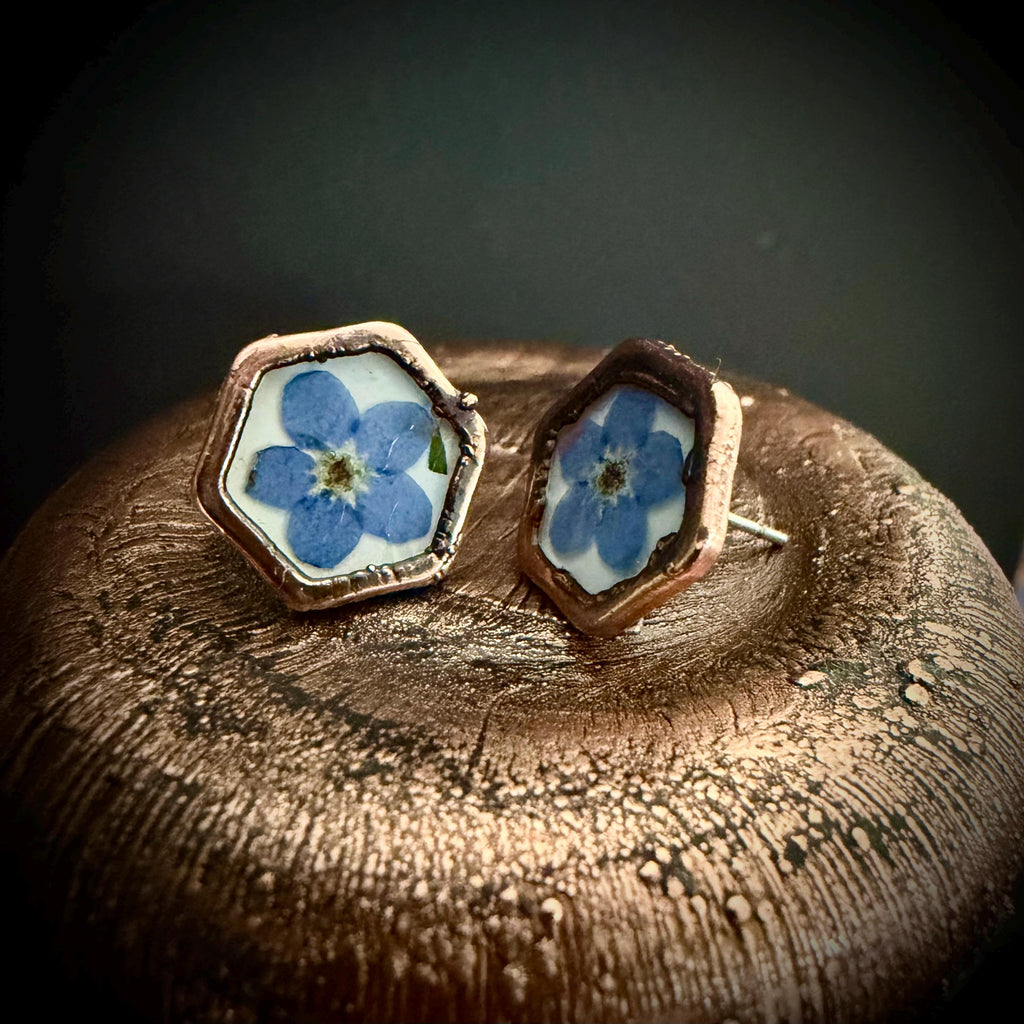 Forget Me Not Flower Stud Earrings – Electroformed Copper – Handmade Botanical Jewelry