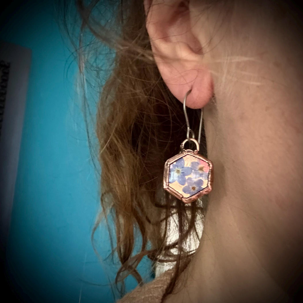 Forget Me Not Flower Dangle Earrings – Electroformed Copper – Handmade Botanical Jewelry