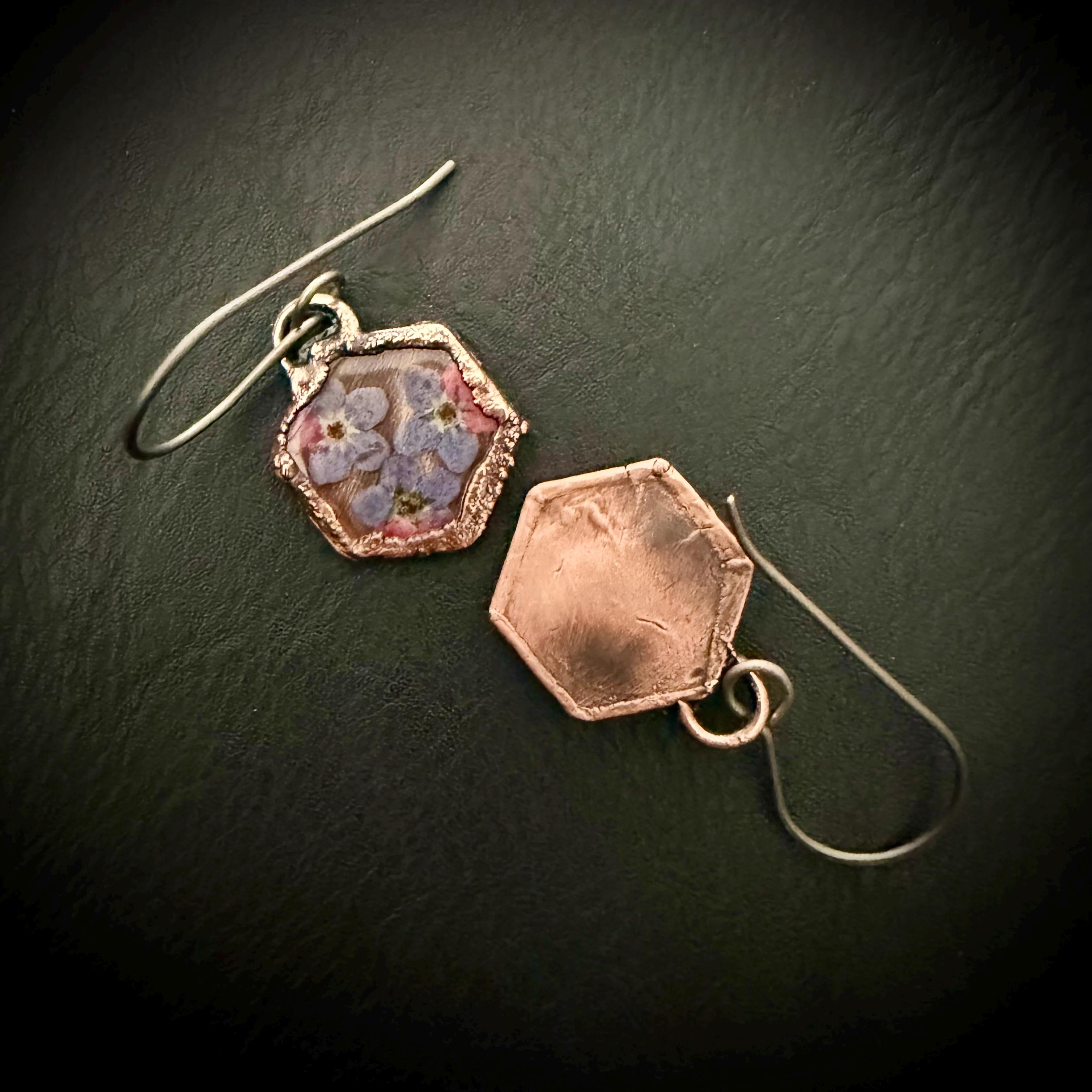 Forget Me Not Flower Dangle Earrings – Electroformed Copper – Handmade Botanical Jewelry