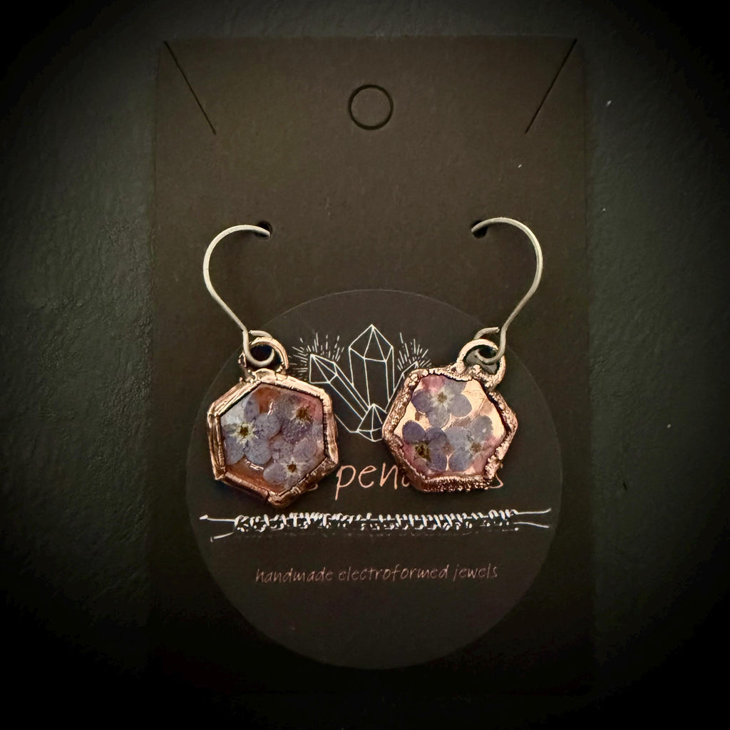 Forget Me Not Flower Dangle Earrings – Electroformed Copper – Handmade Botanical Jewelry