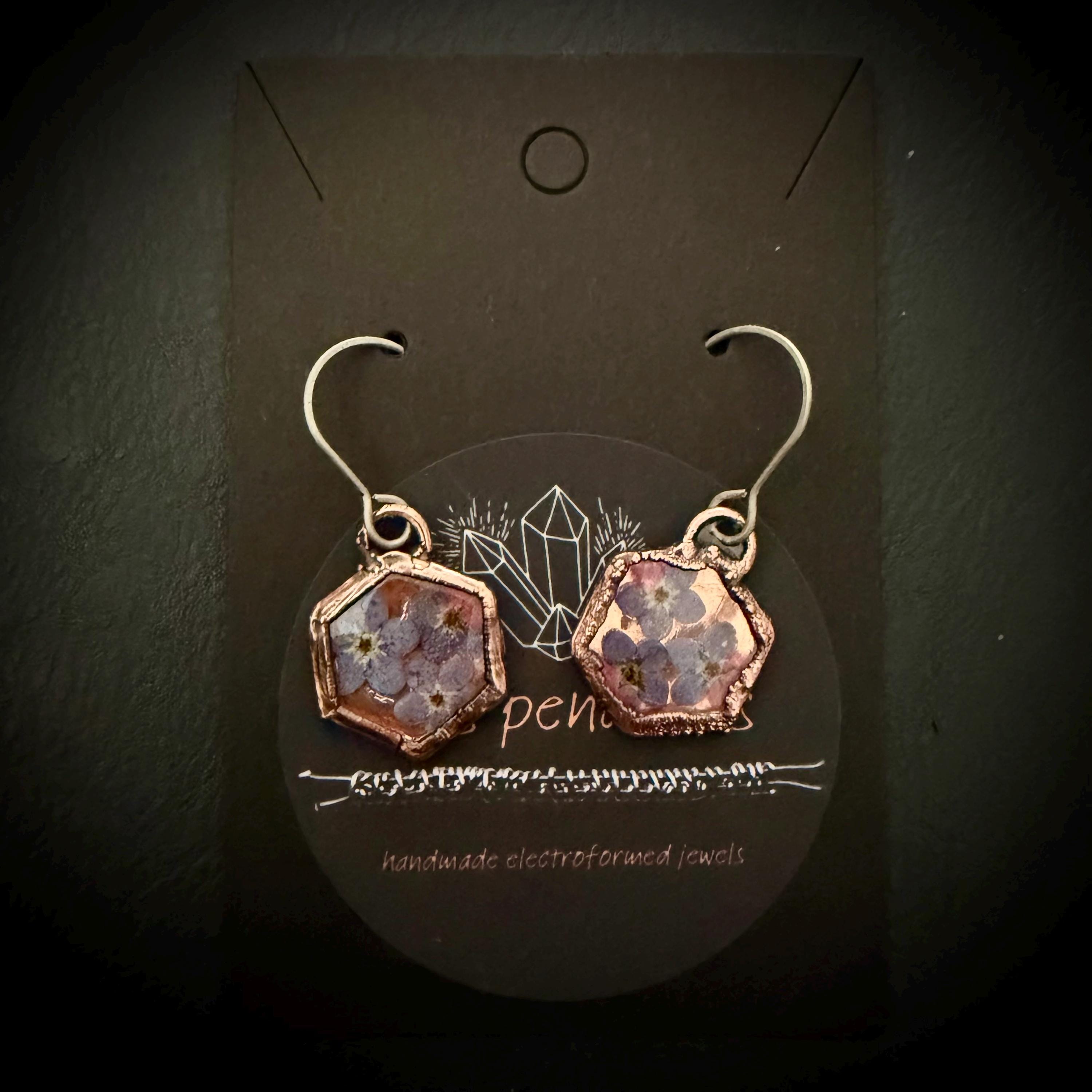 Forget Me Not Flower Dangle Earrings – Electroformed Copper – Handmade Botanical Jewelry
