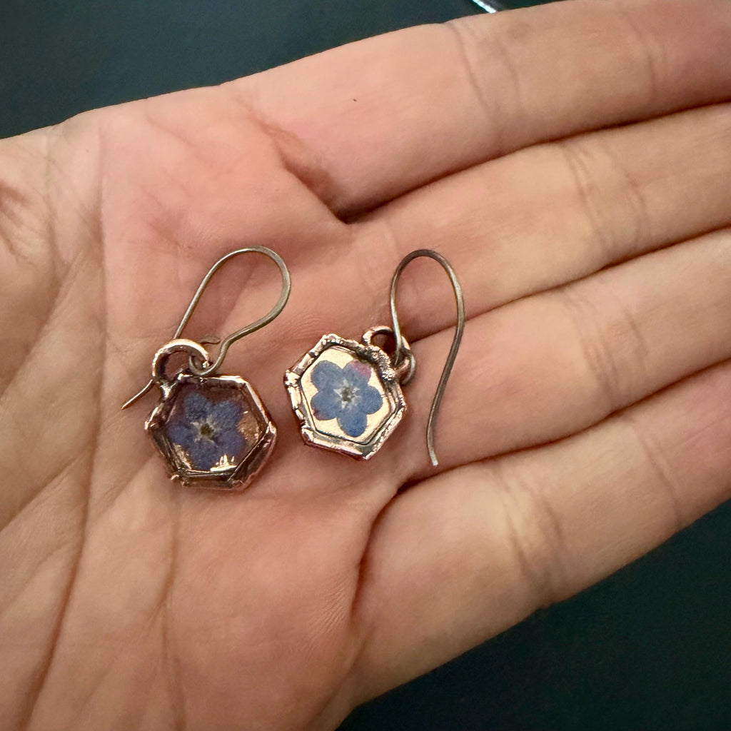 Forget Me Not Flower Dangle Earrings – Electroformed Copper – Handmade Botanical Jewelry