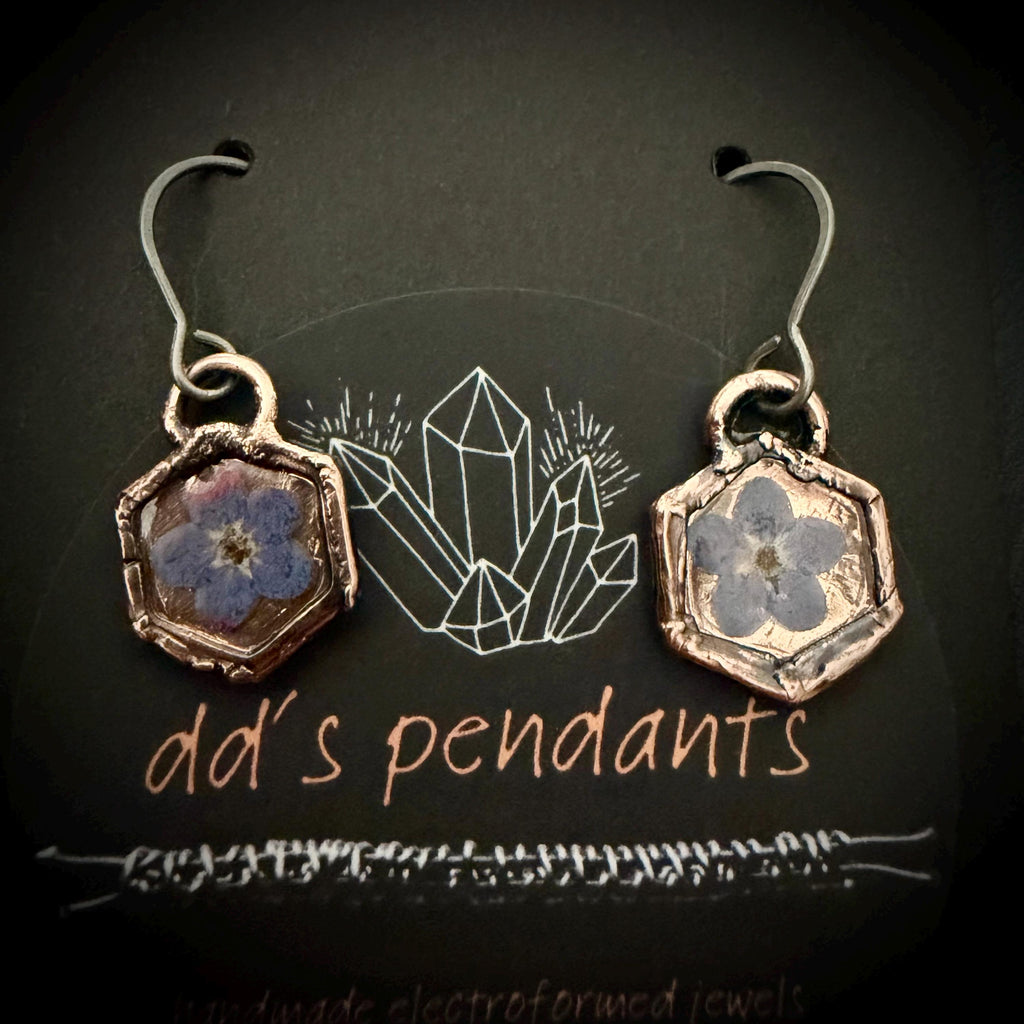 Forget Me Not Flower Dangle Earrings – Electroformed Copper – Handmade Botanical Jewelry