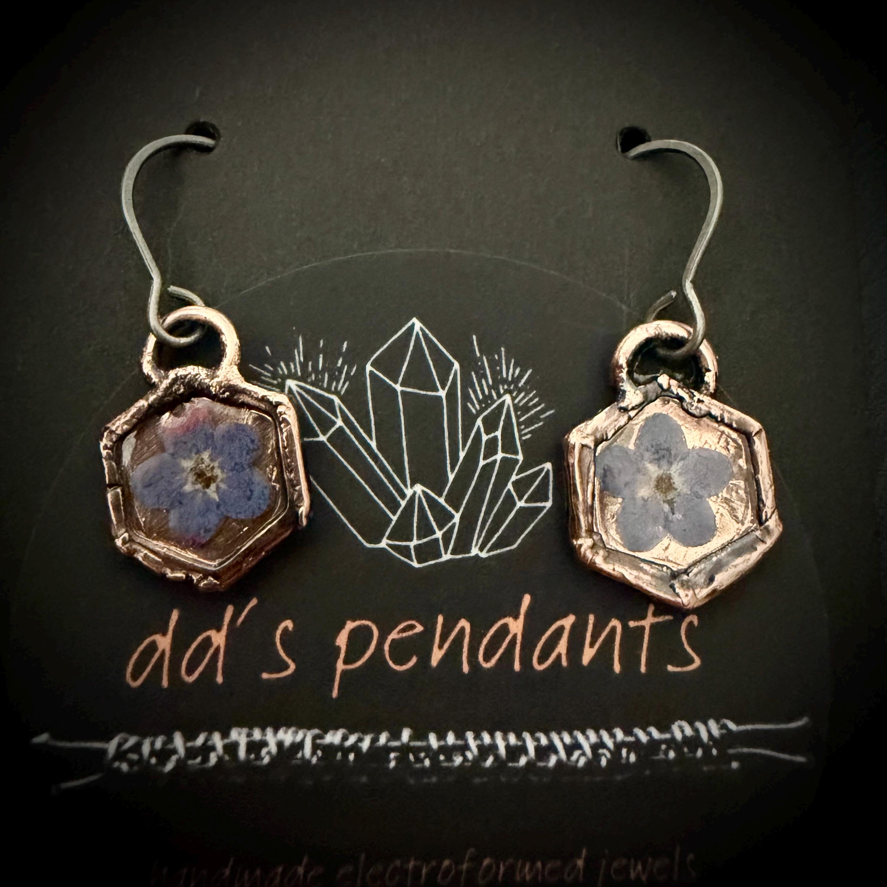 Forget Me Not Flower Dangle Earrings – Electroformed Copper – Handmade Botanical Jewelry