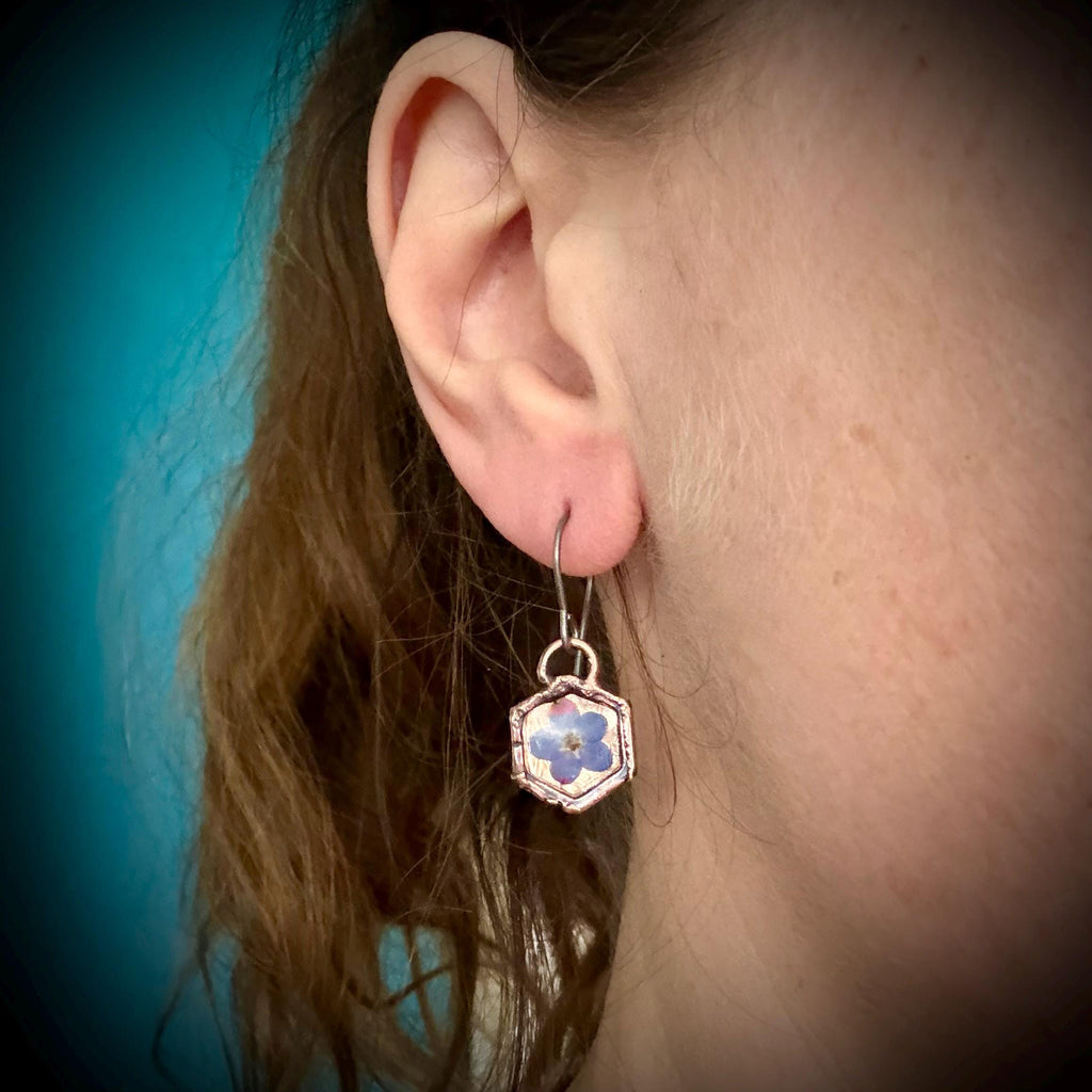 Forget Me Not Flower Dangle Earrings – Electroformed Copper – Handmade Botanical Jewelry