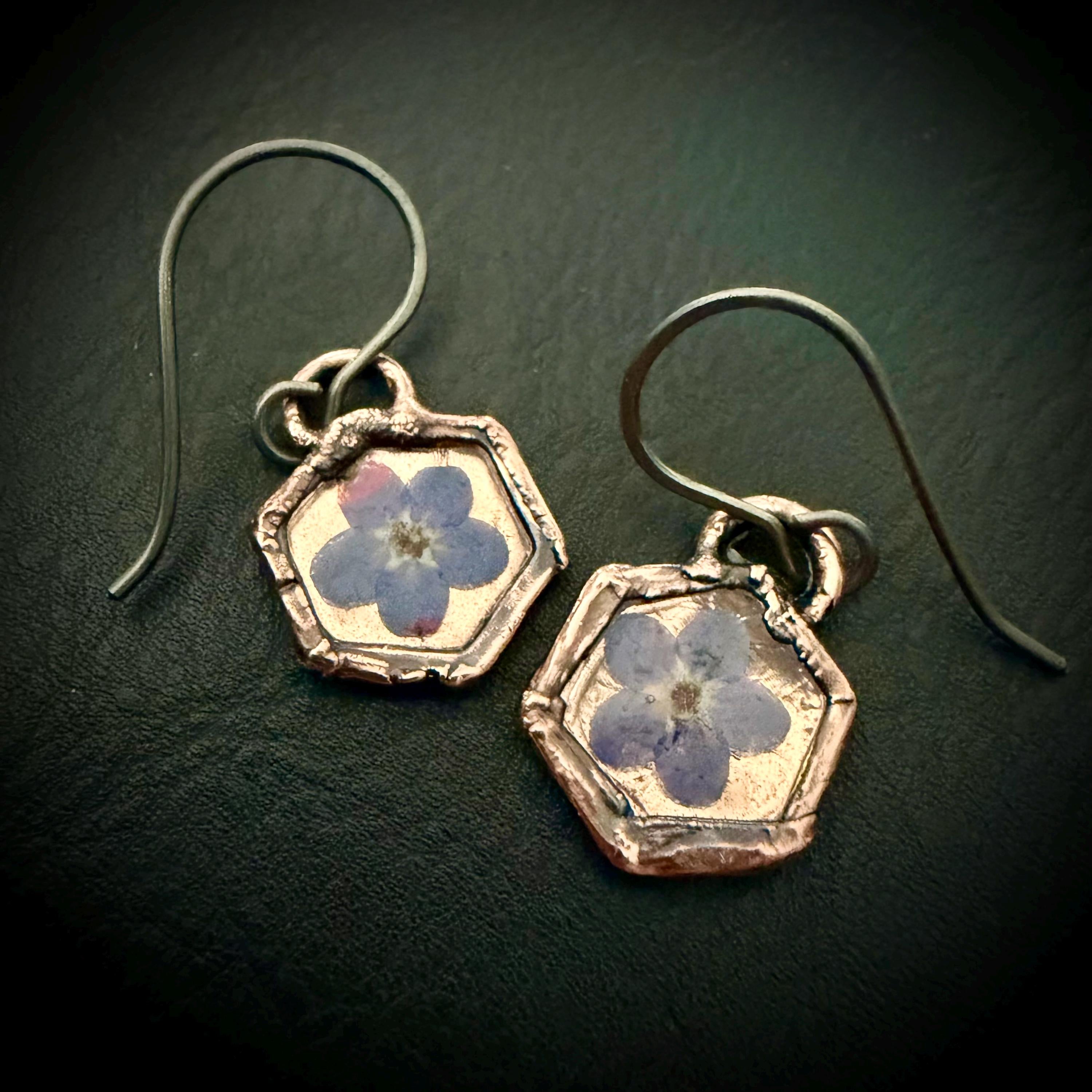 Forget Me Not Flower Dangle Earrings – Electroformed Copper – Handmade Botanical Jewelry
