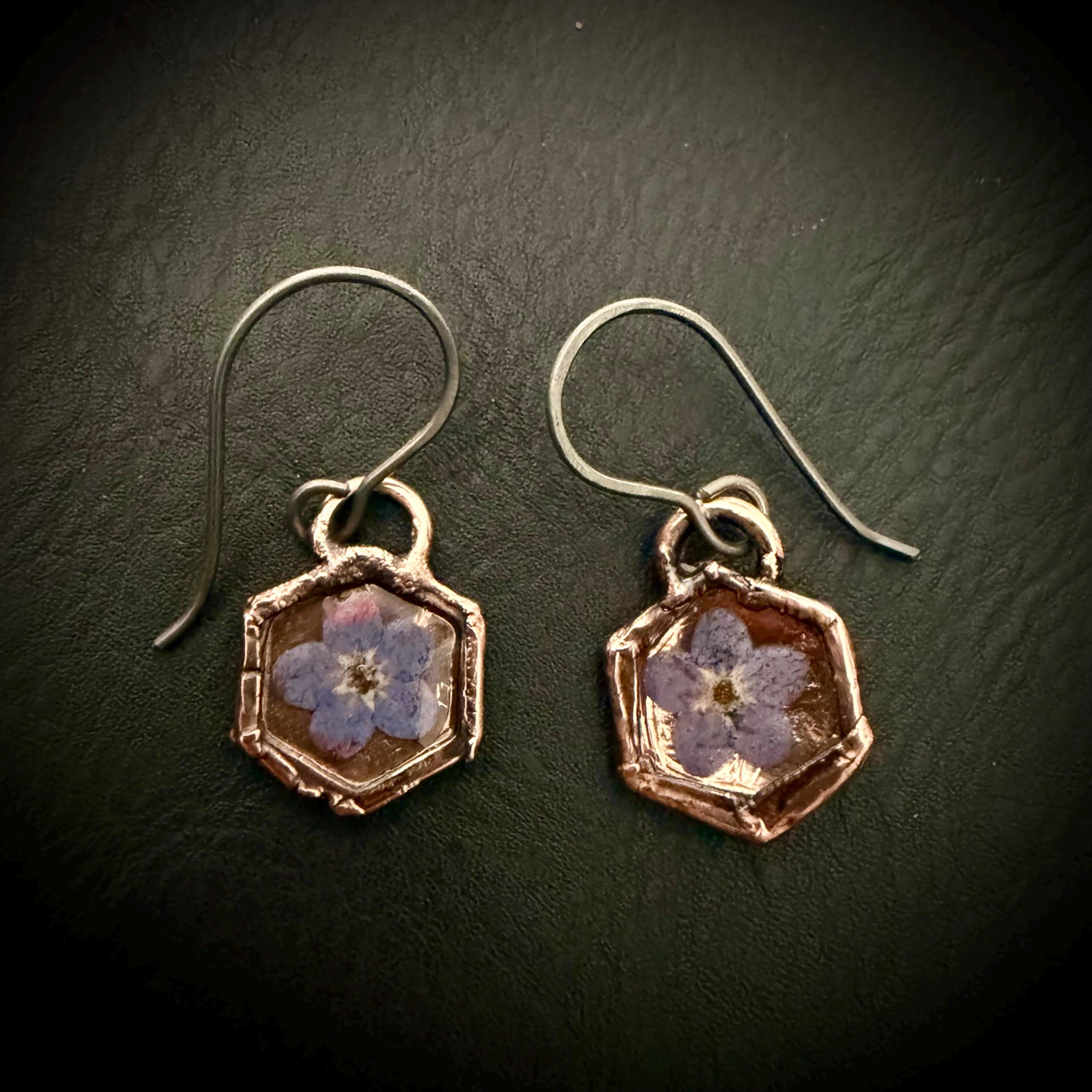 Forget Me Not Flower Dangle Earrings – Electroformed Copper – Handmade Botanical Jewelry