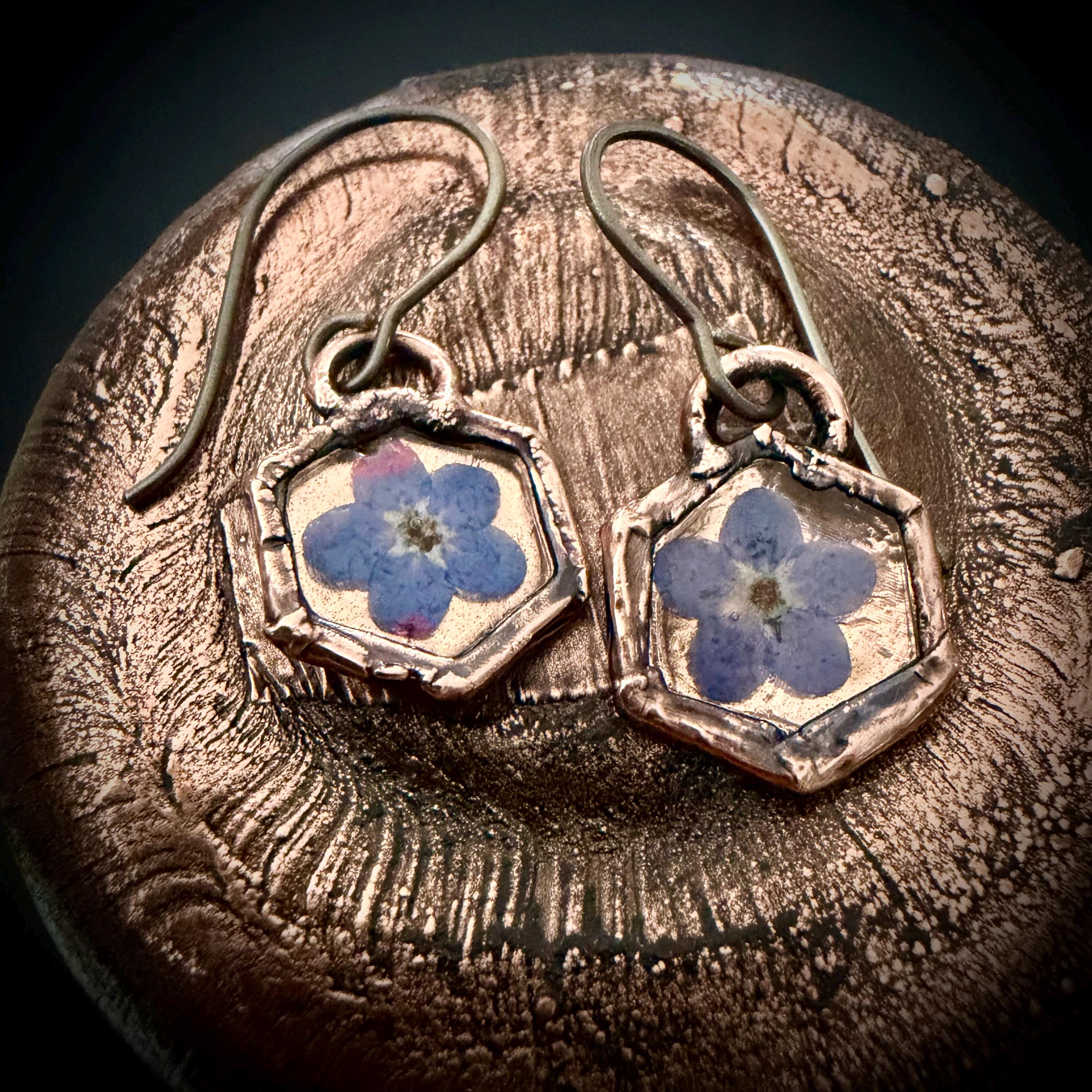 Forget Me Not Flower Dangle Earrings – Electroformed Copper – Handmade Botanical Jewelry