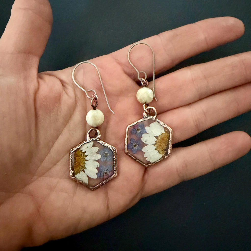 Real Daisy Forget Me Not Earrings – Electroformed Copper Botanical Jewelry – Titanium Wires