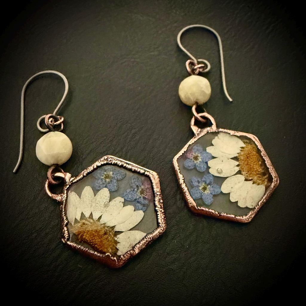 Real Daisy Forget Me Not Earrings – Electroformed Copper Botanical Jewelry – Titanium Wires