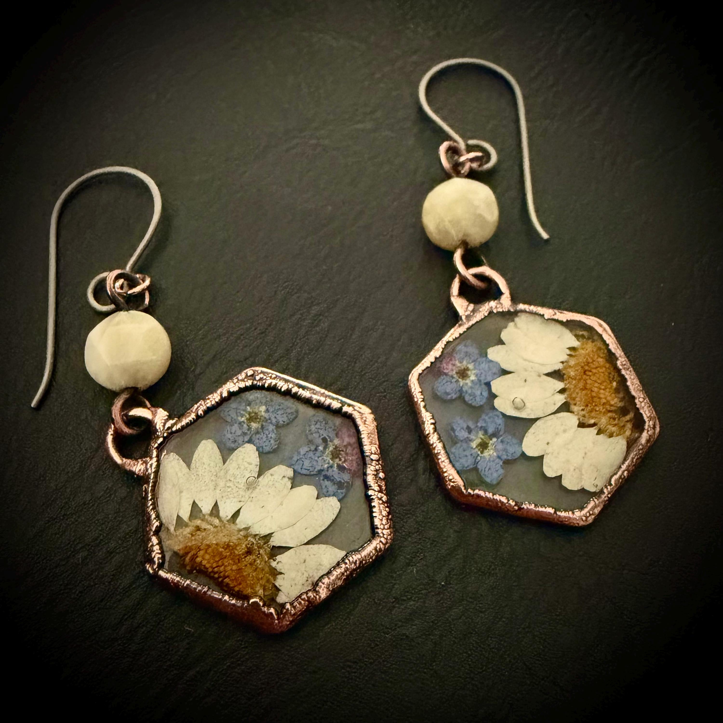 Real Daisy Forget Me Not Earrings – Electroformed Copper Botanical Jewelry – Titanium Wires