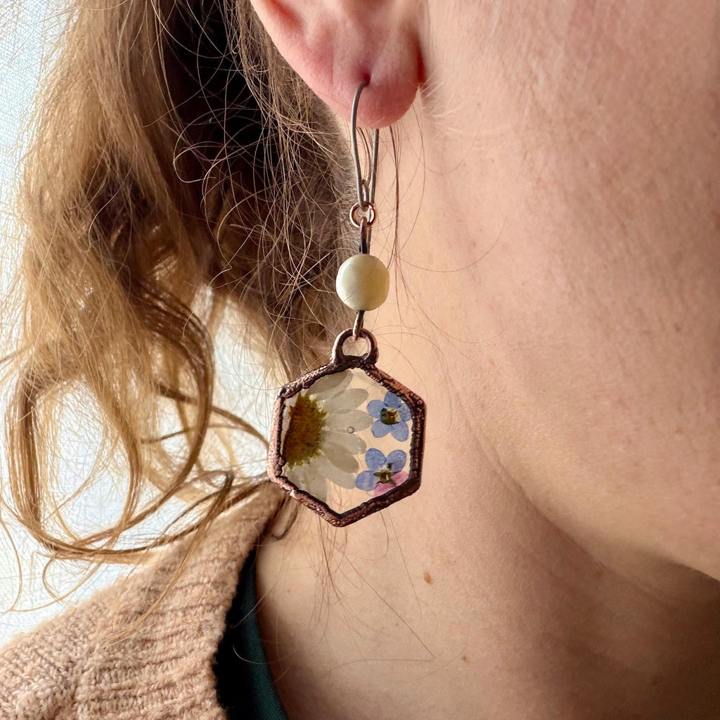 Real Daisy Forget Me Not Earrings – Electroformed Copper Botanical Jewelry – Titanium Wires