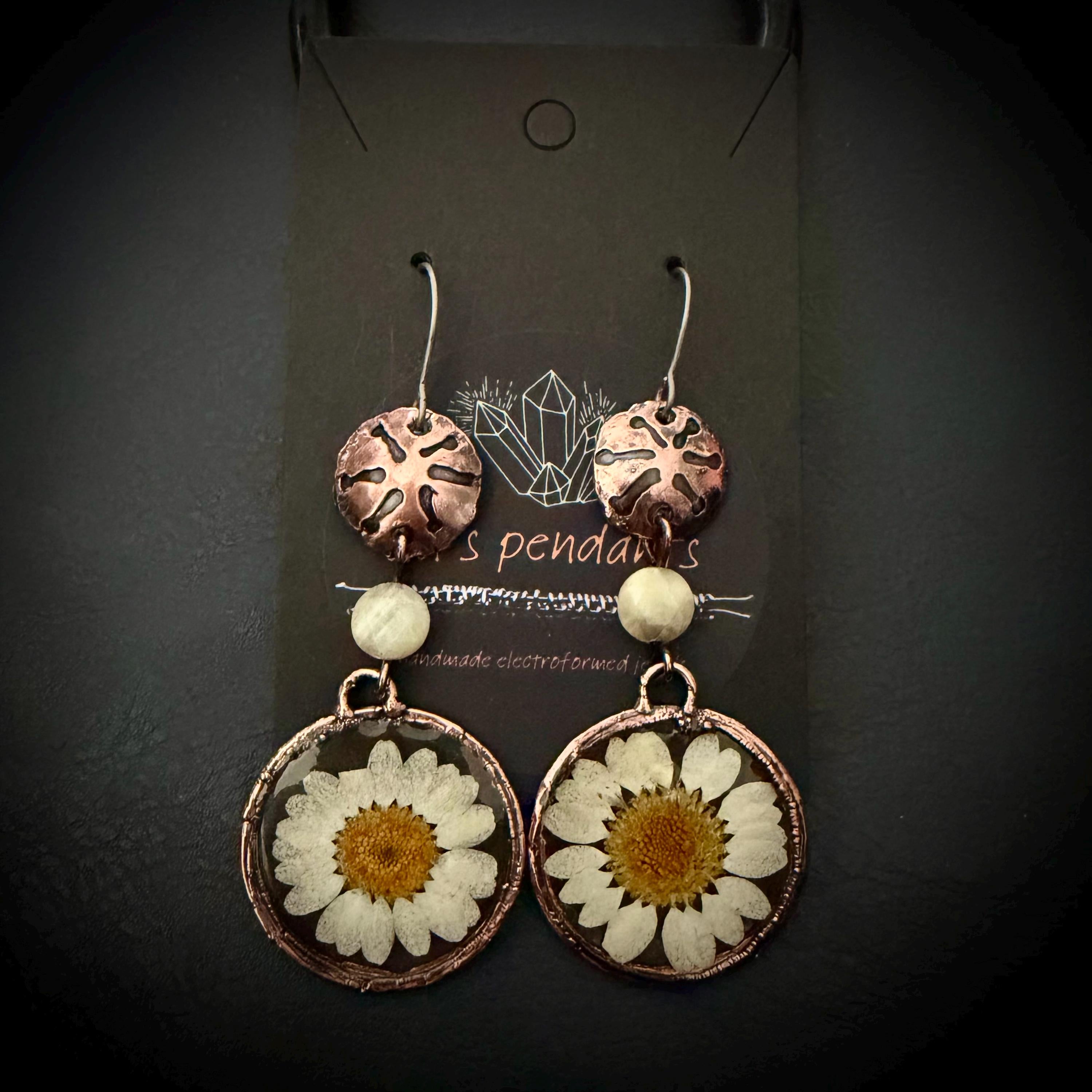 Electroformed Daisy Resin Earrings – Copper Flower Crystal Dangle Jewelry