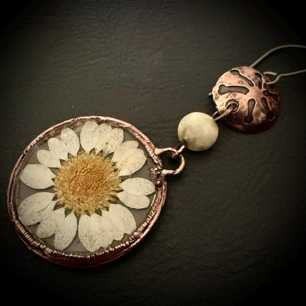 Electroformed Daisy Resin Earrings – Copper Flower Crystal Dangle Jewelry