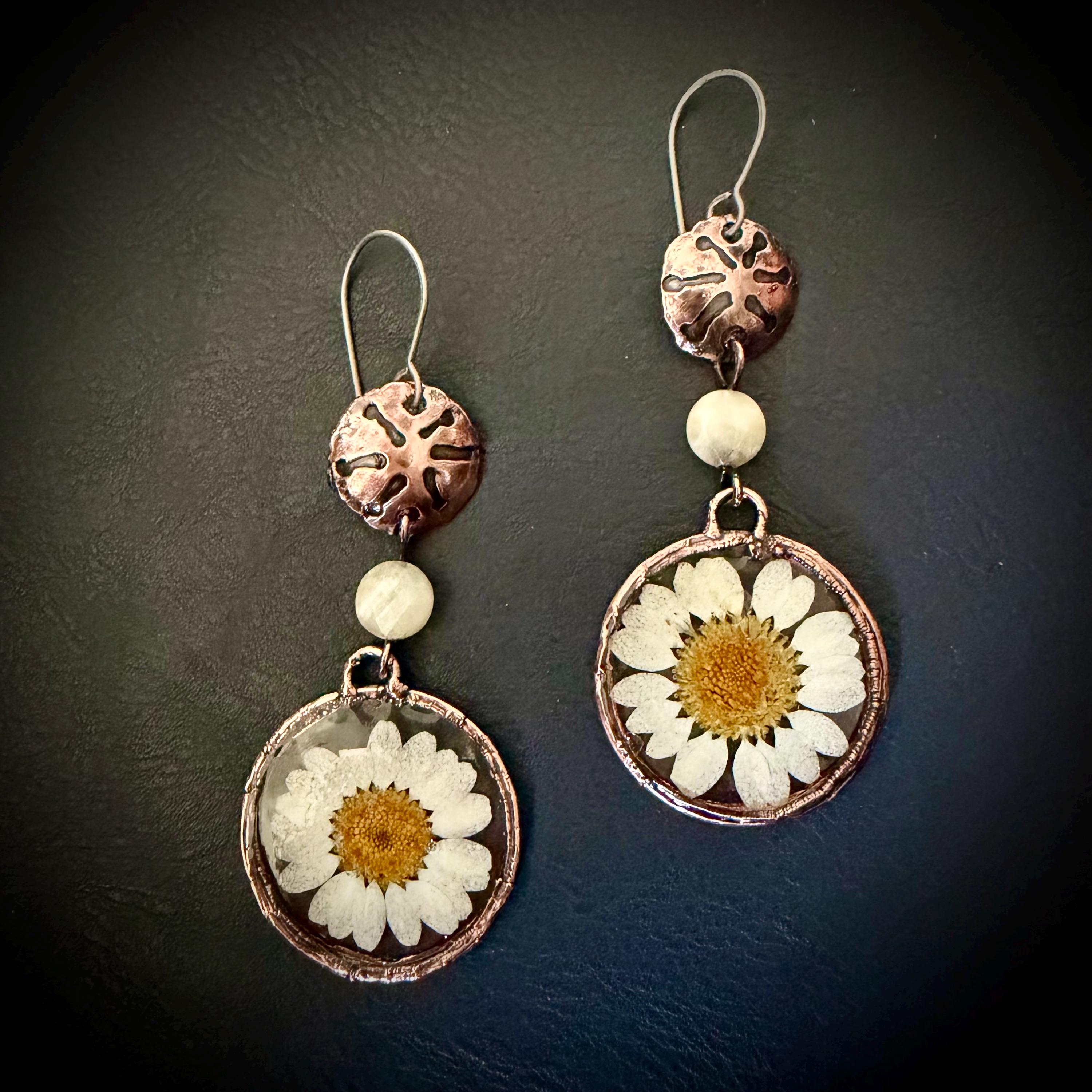Electroformed Daisy Resin Earrings – Copper Flower Crystal Dangle Jewelry