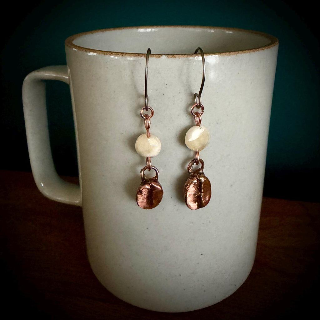 Electroformed Coffee Bean Earrings – Real Bean, Copper, Crystal Accent – Hypoallergenic Titanium Wires