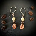Electroformed Coffee Bean Earrings – Real Bean, Copper, Crystal Accent – Hypoallergenic Titanium Wires