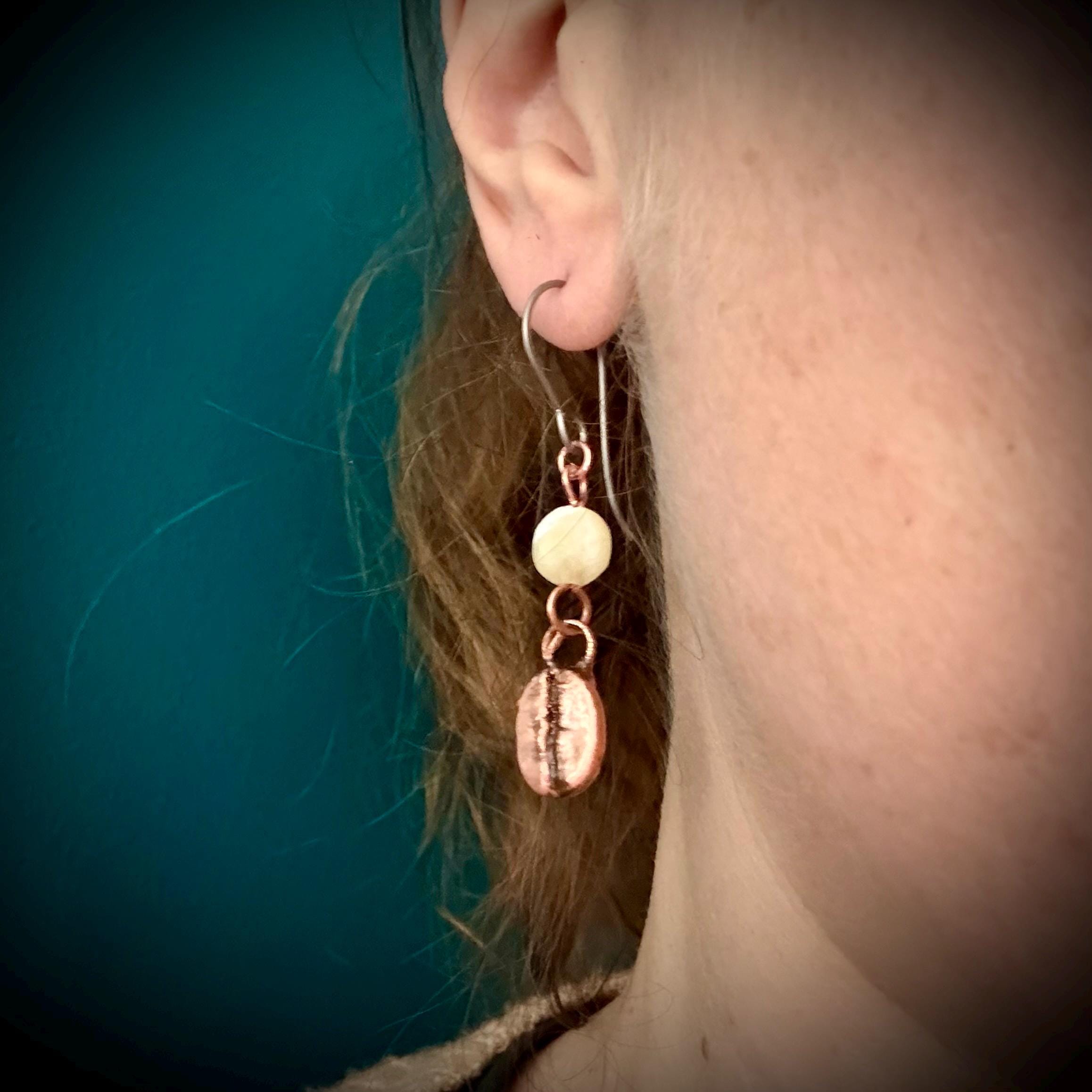 Electroformed Coffee Bean Earrings – Real Bean, Copper, Crystal Accent – Hypoallergenic Titanium Wires