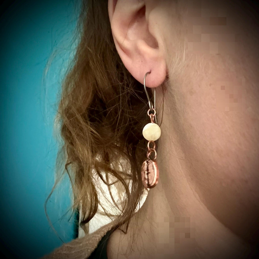 Electroformed Coffee Bean Earrings – Real Bean, Copper, Crystal Accent – Hypoallergenic Titanium Wires