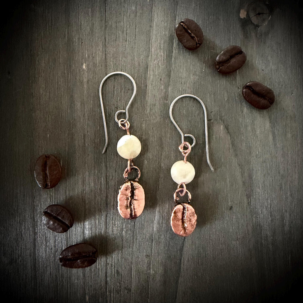 Electroformed Coffee Bean Earrings – Real Bean, Copper, Crystal Accent – Hypoallergenic Titanium Wires