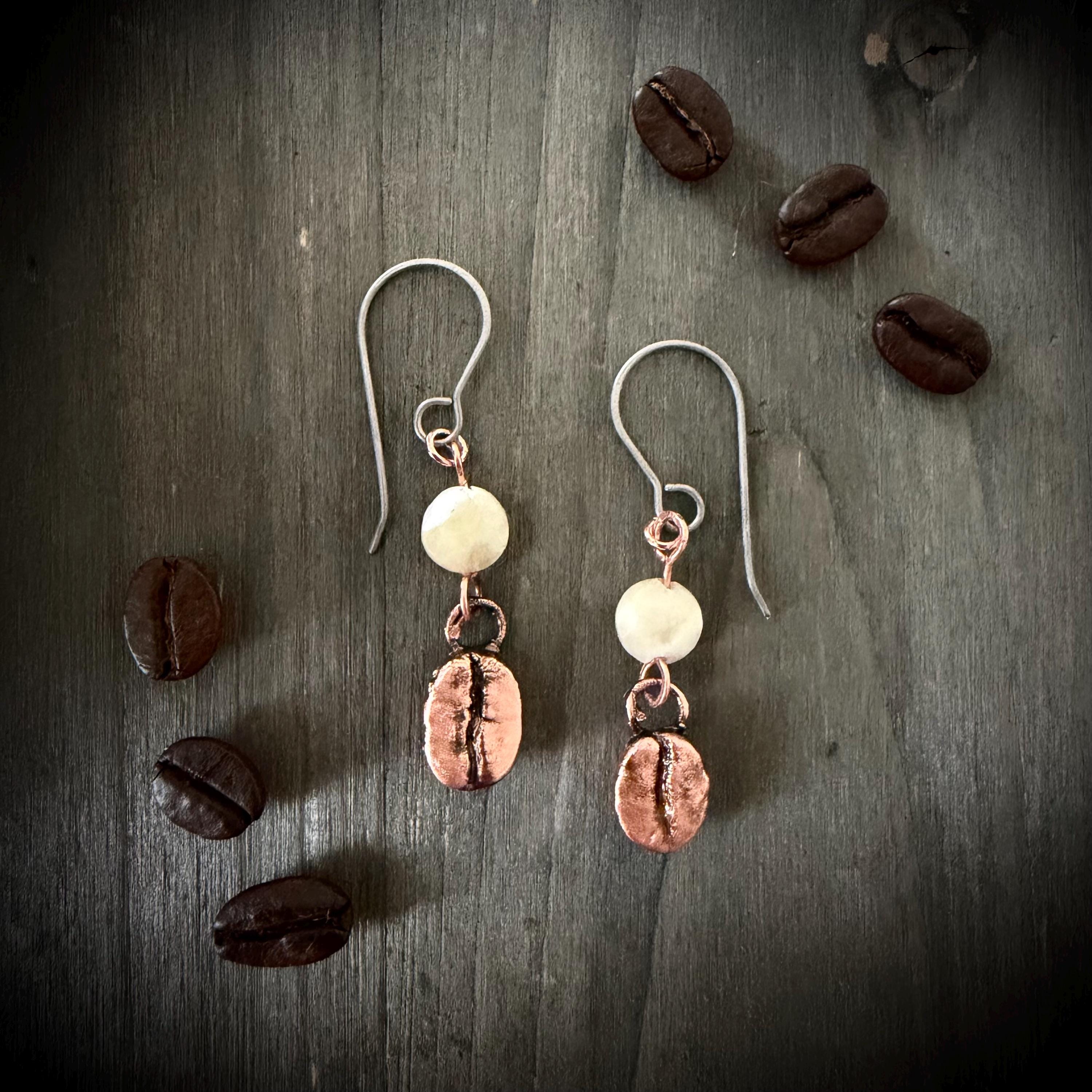 Electroformed Coffee Bean Earrings – Real Bean, Copper, Crystal Accent – Hypoallergenic Titanium Wires